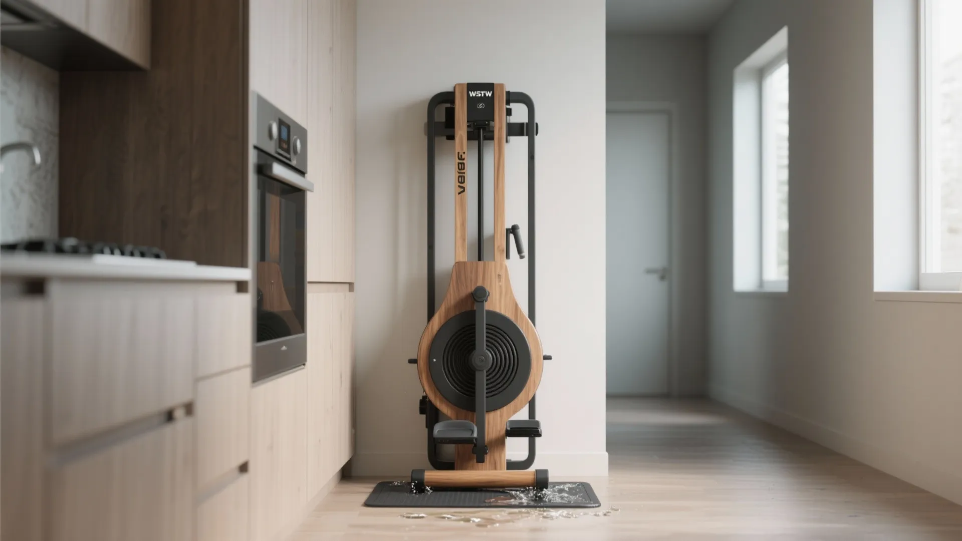 Wooden vertical rowing machine stored against a white wall in modern kitchen with wood cabinets