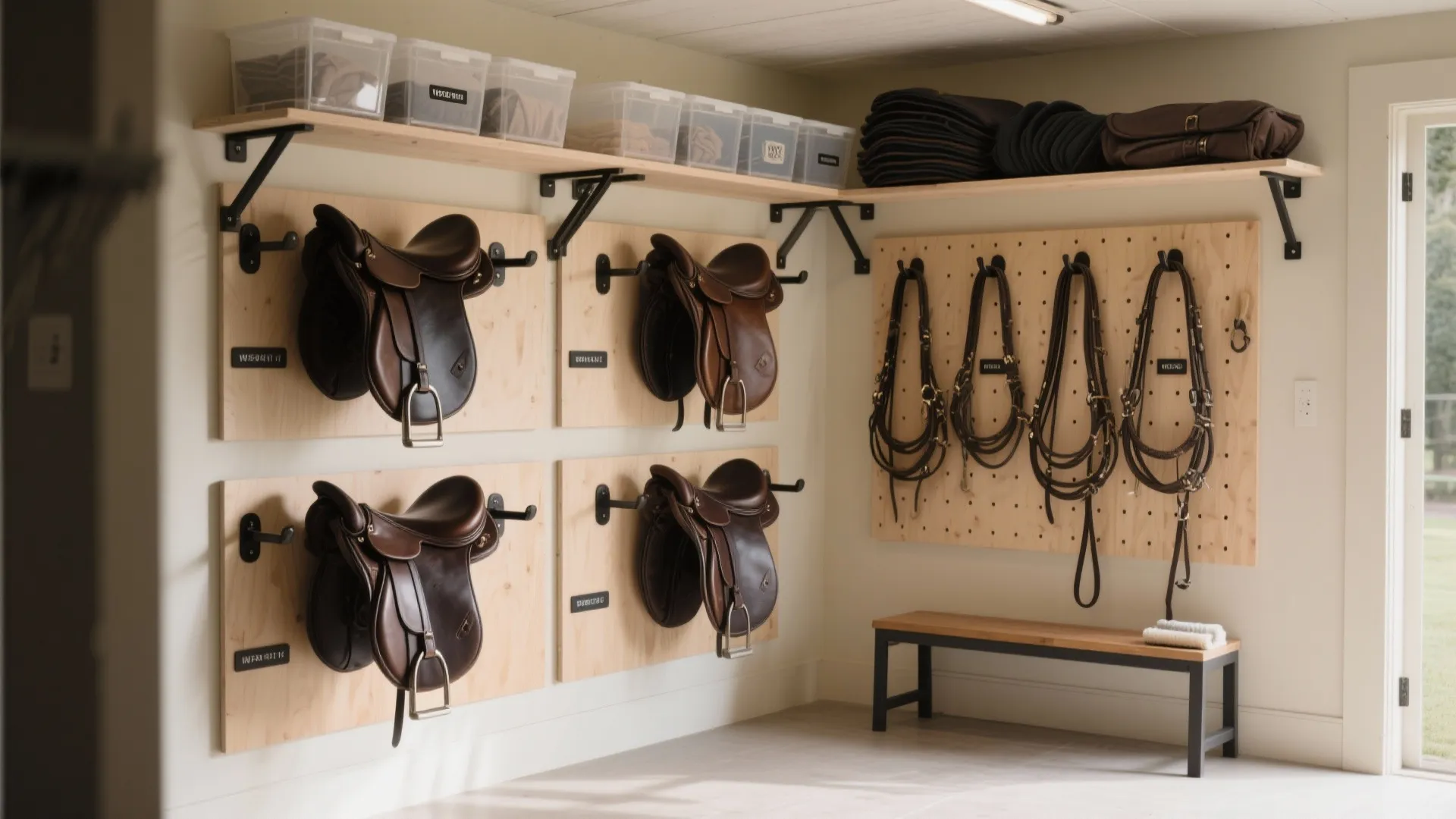Organized room with wall mounted horse saddles, hanging straps on pegboard, shelving, and wooden bench