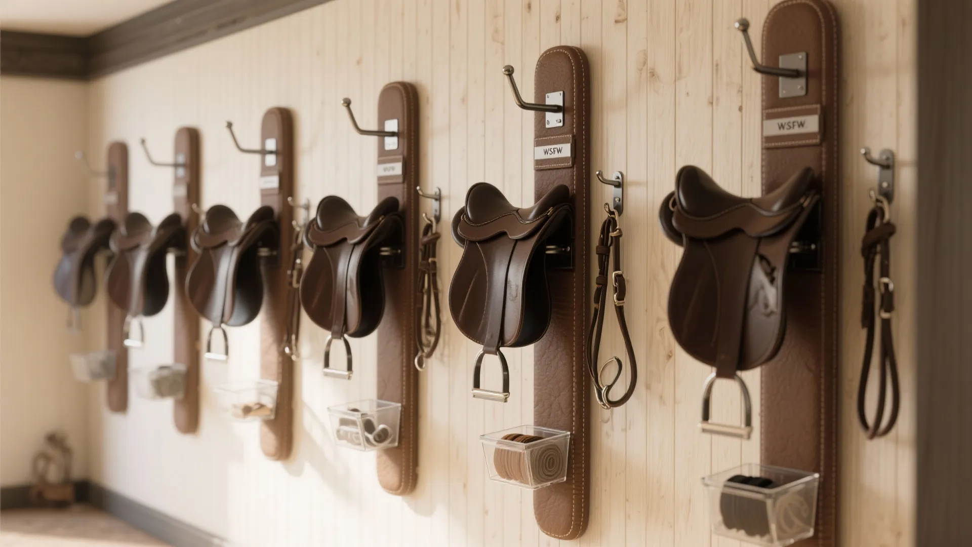 Row of brown leather horse saddles hanging on wall hooks in a stable storage room