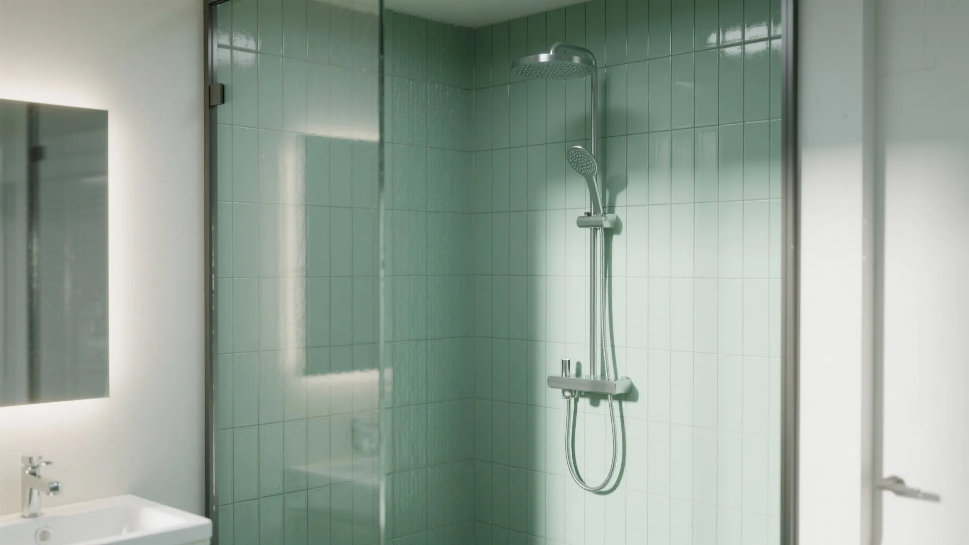 Glass shower enclosure with green vertical tiles silver shower head and white sink in bathroom