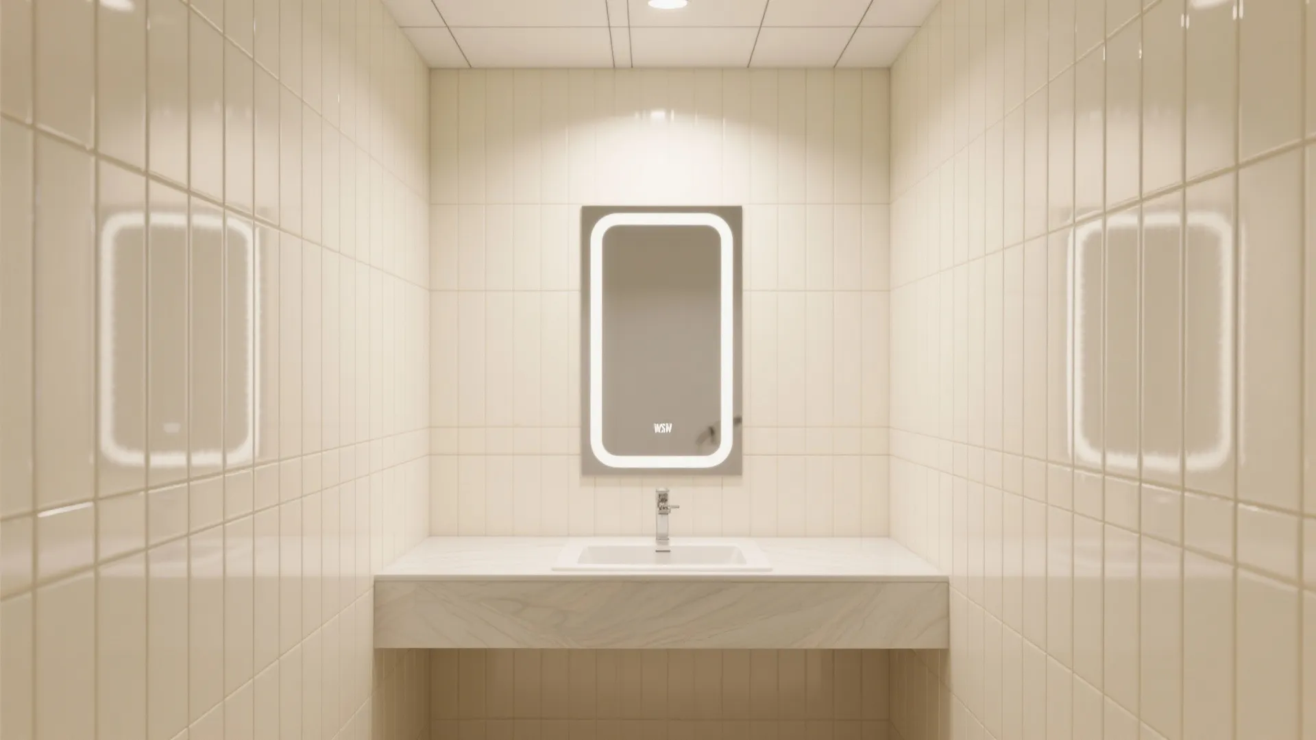 Vertically stacked satin subway tiles in a compact Kerala bathroom reflecting soft daylight.