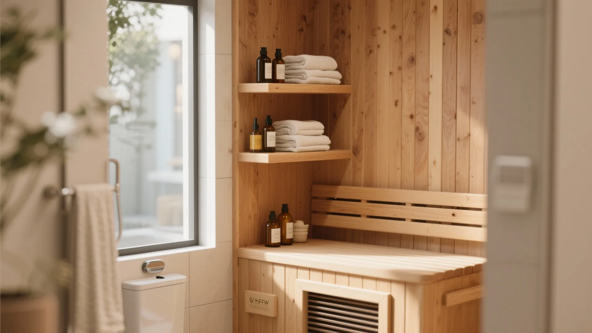 Small sauna with shelving above for towels and oils