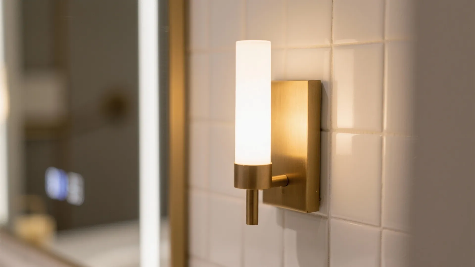 Gold wall light fixture with cylindrical glass on white tiled wall next to bathroom mirror