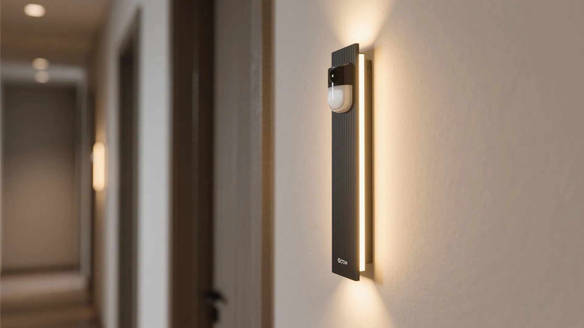 Modern black wall light with motion sensor mounted on a white wall in home hallway