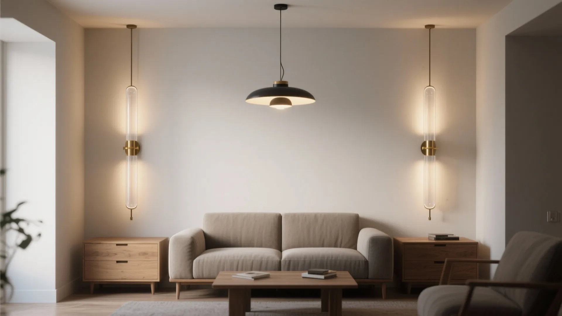 Compact living room with tall vertical sconces casting up and down light to boost perceived height.