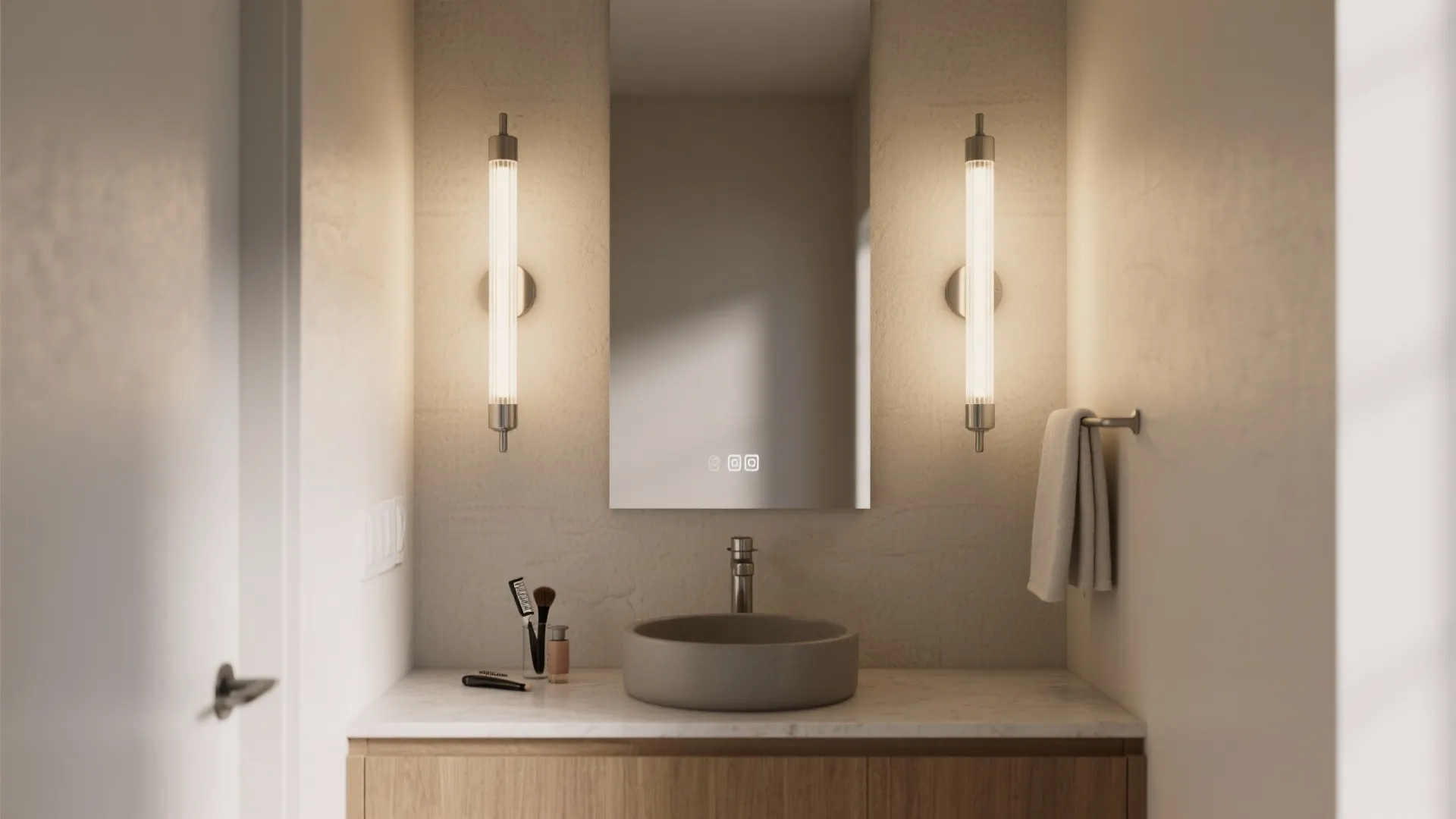 Modern bathroom vanity with a mirror flanked by two vertical wall lights and a round