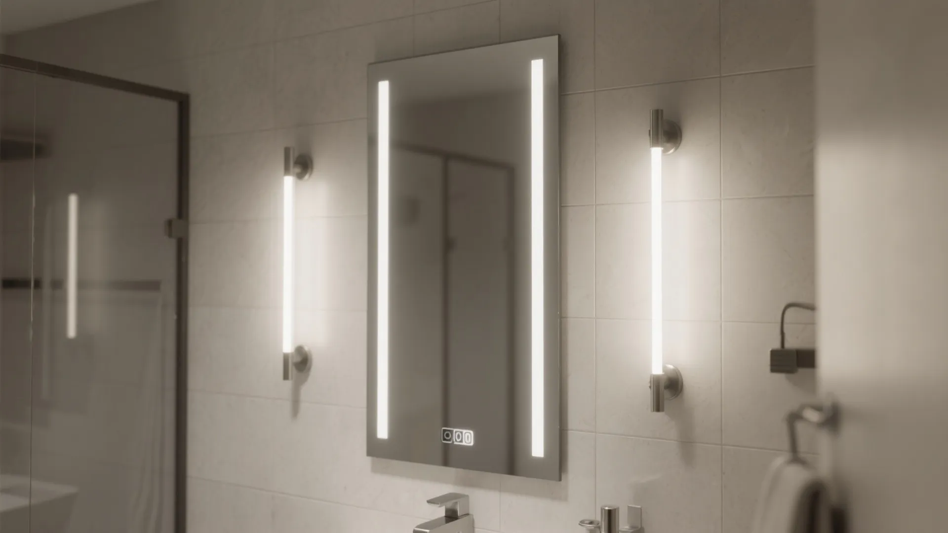 1. Vertical sconces flanking the mirror