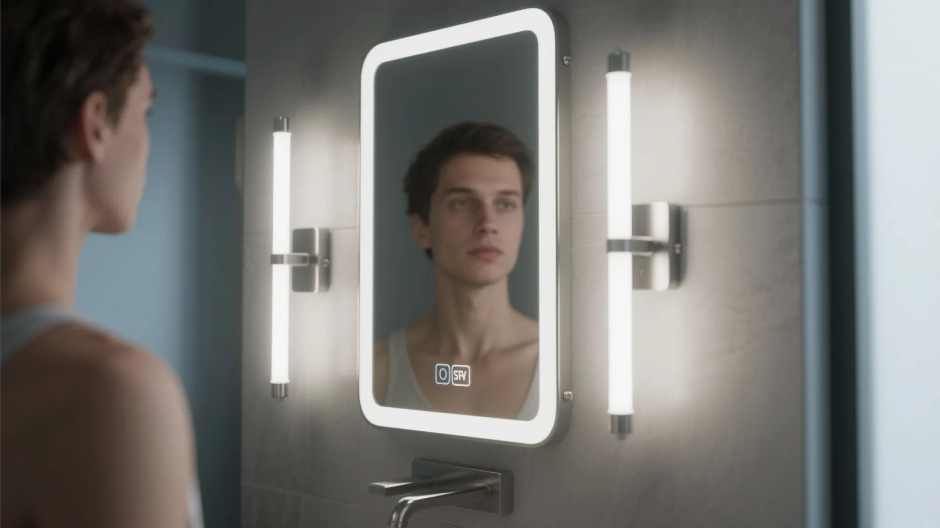 Close-up of slim vertical LED sconces flanking a bathroom mirror with diffused light