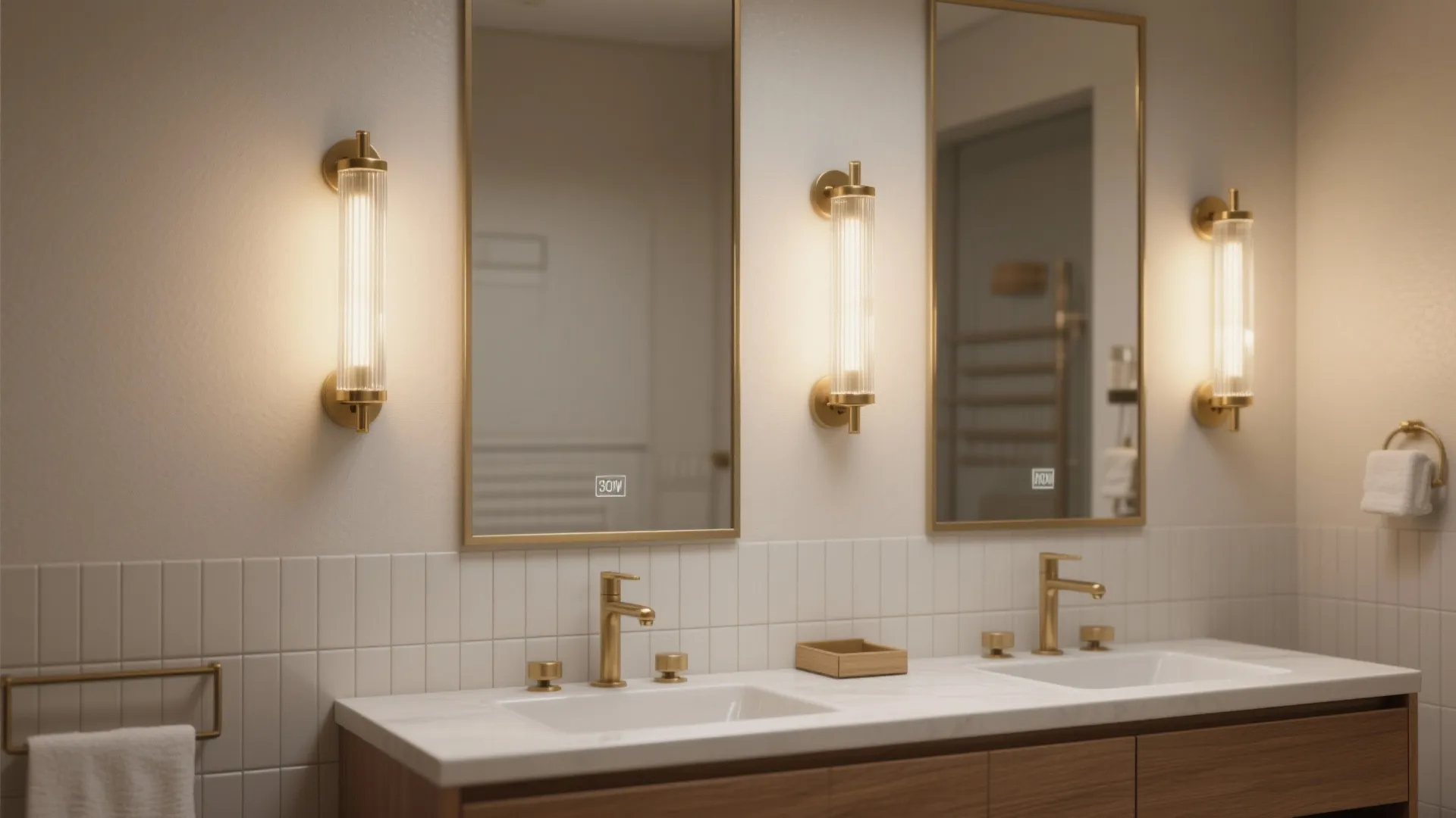 Vanity mirror flanked by slim vertical brass sconces providing even facial illumination
