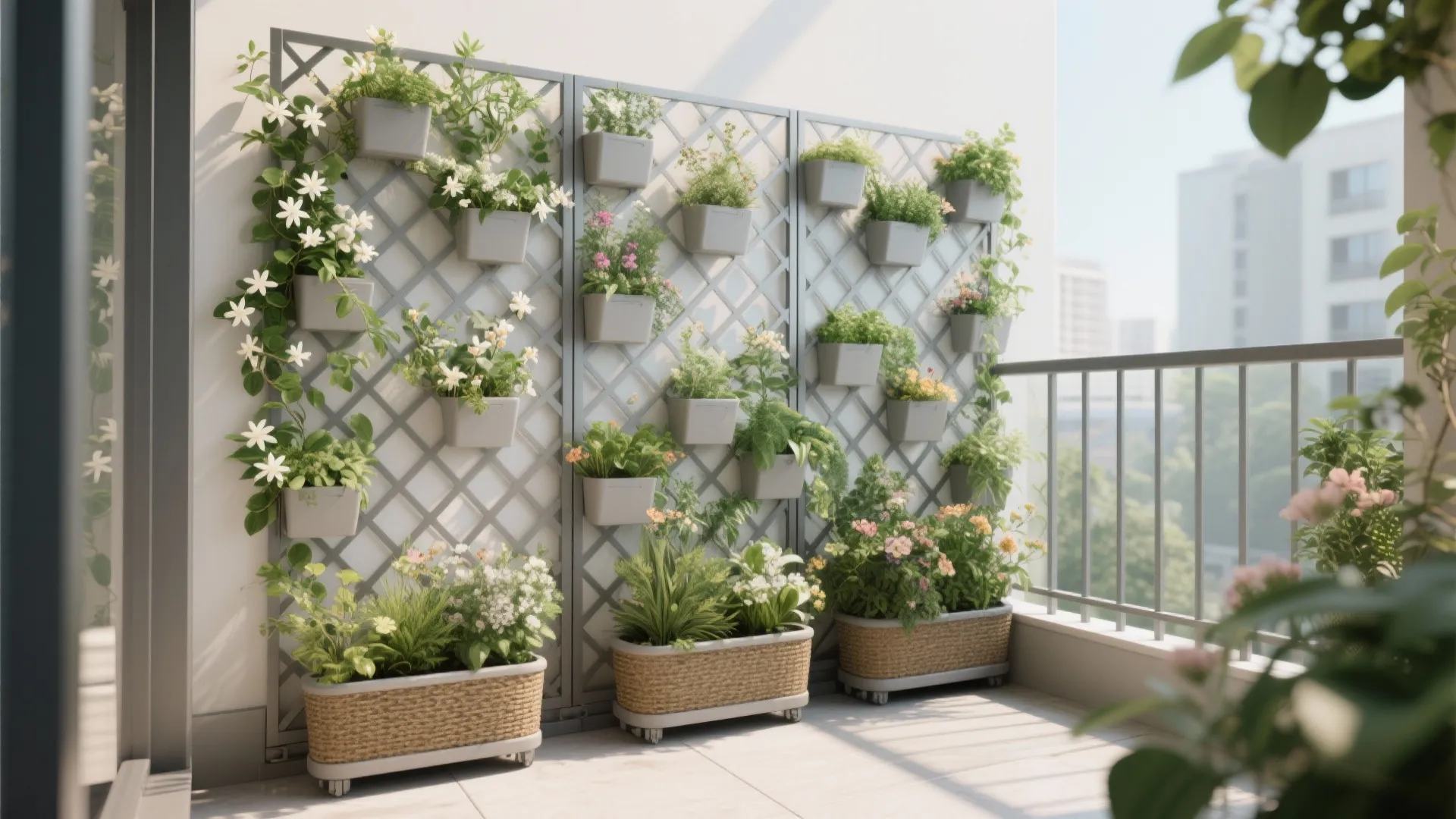 Vertical trellis with modular planters and climbing jasmine creating an airy living privacy screen.
