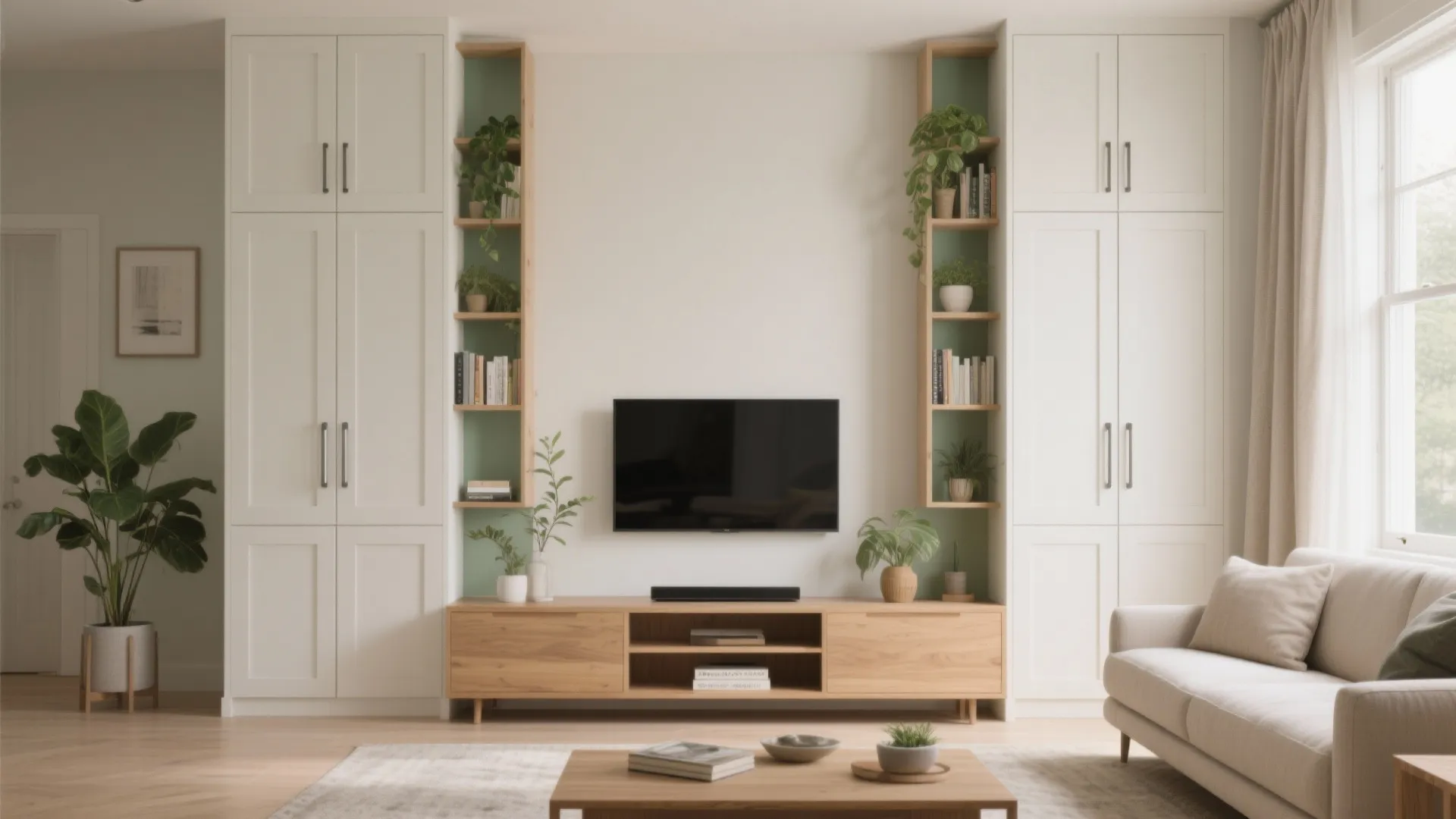 Living room wall with white cabinets wooden shelves television and green plants in a clean layout