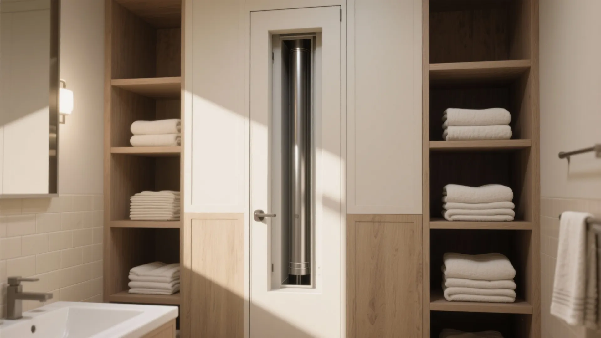 Bathroom wooden shelves with folded white towels and a wall panel with a metal pipe