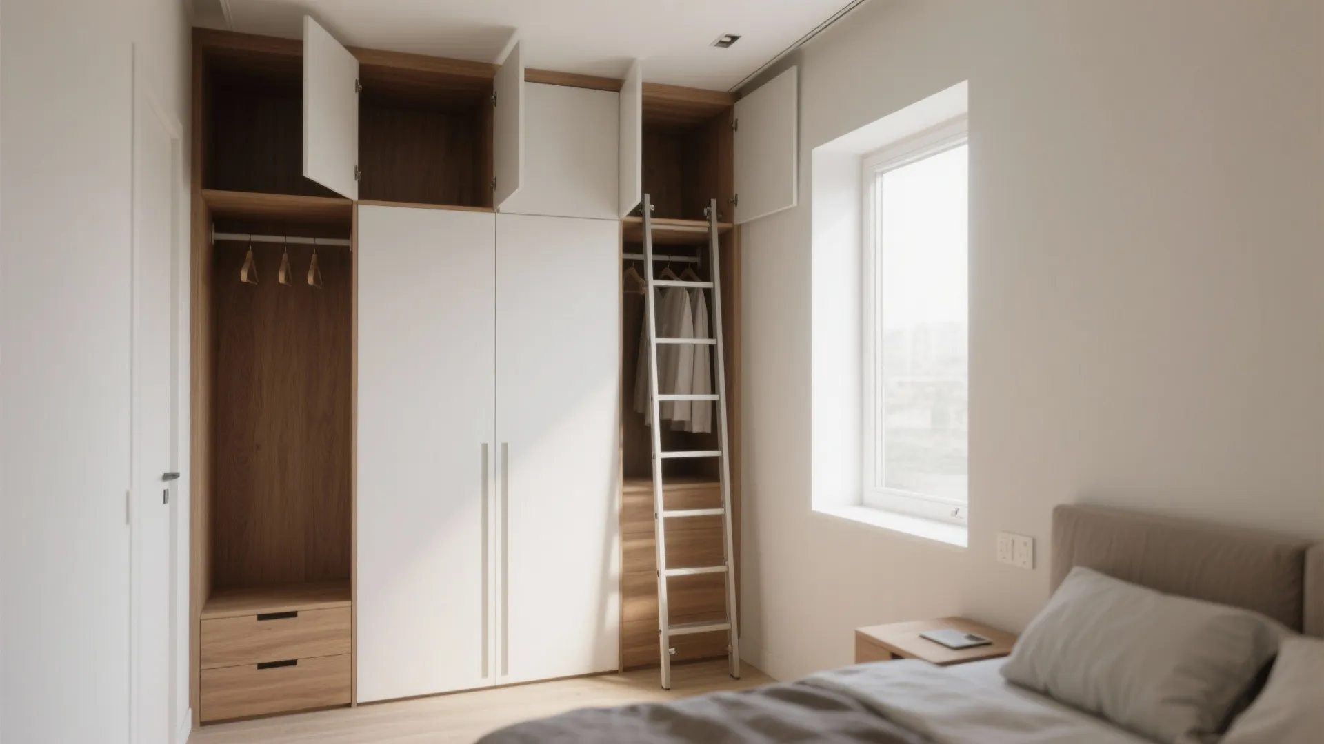 Bedroom with white wooden cabinet storage floor to ceiling window ladder and comfortable bed setup