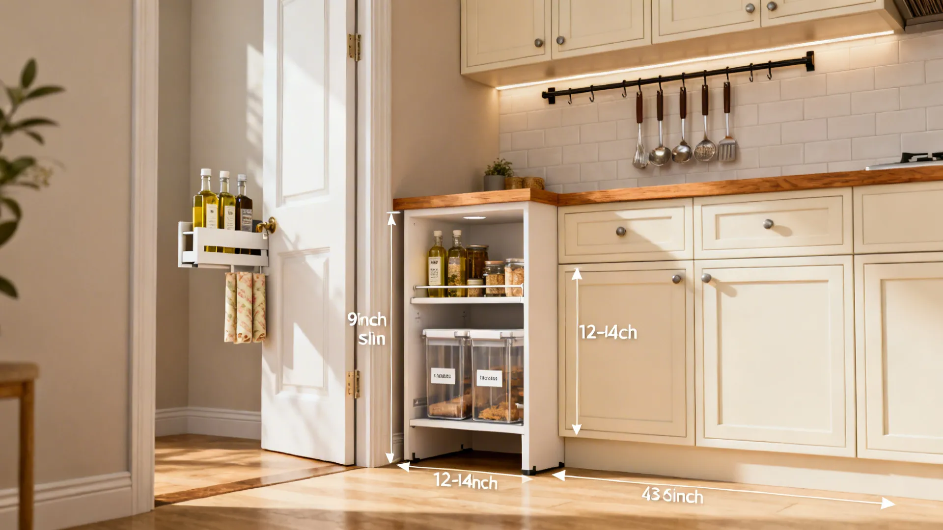 Shallow tall pantry and ceiling-height uppers by a kitchen doorway with a rail system freeing counter space.