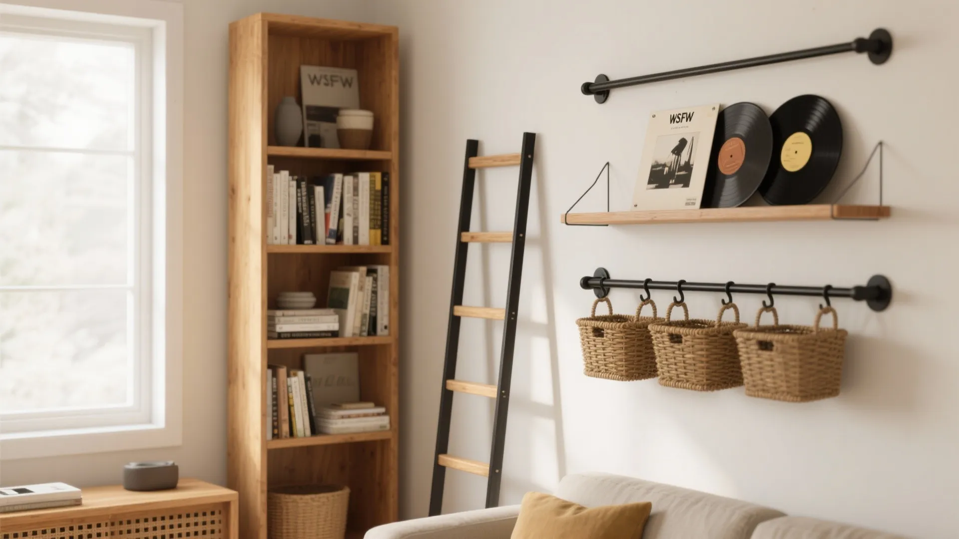 Living Decor Idea 2: Go vertical with shelves and slim storage