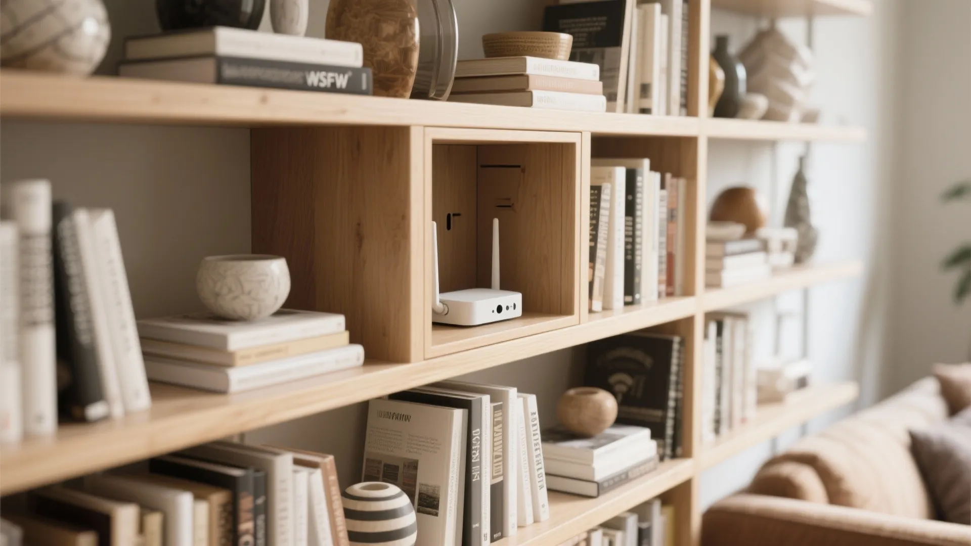Close up view of wood bookshelves holding many books and a small white internet router