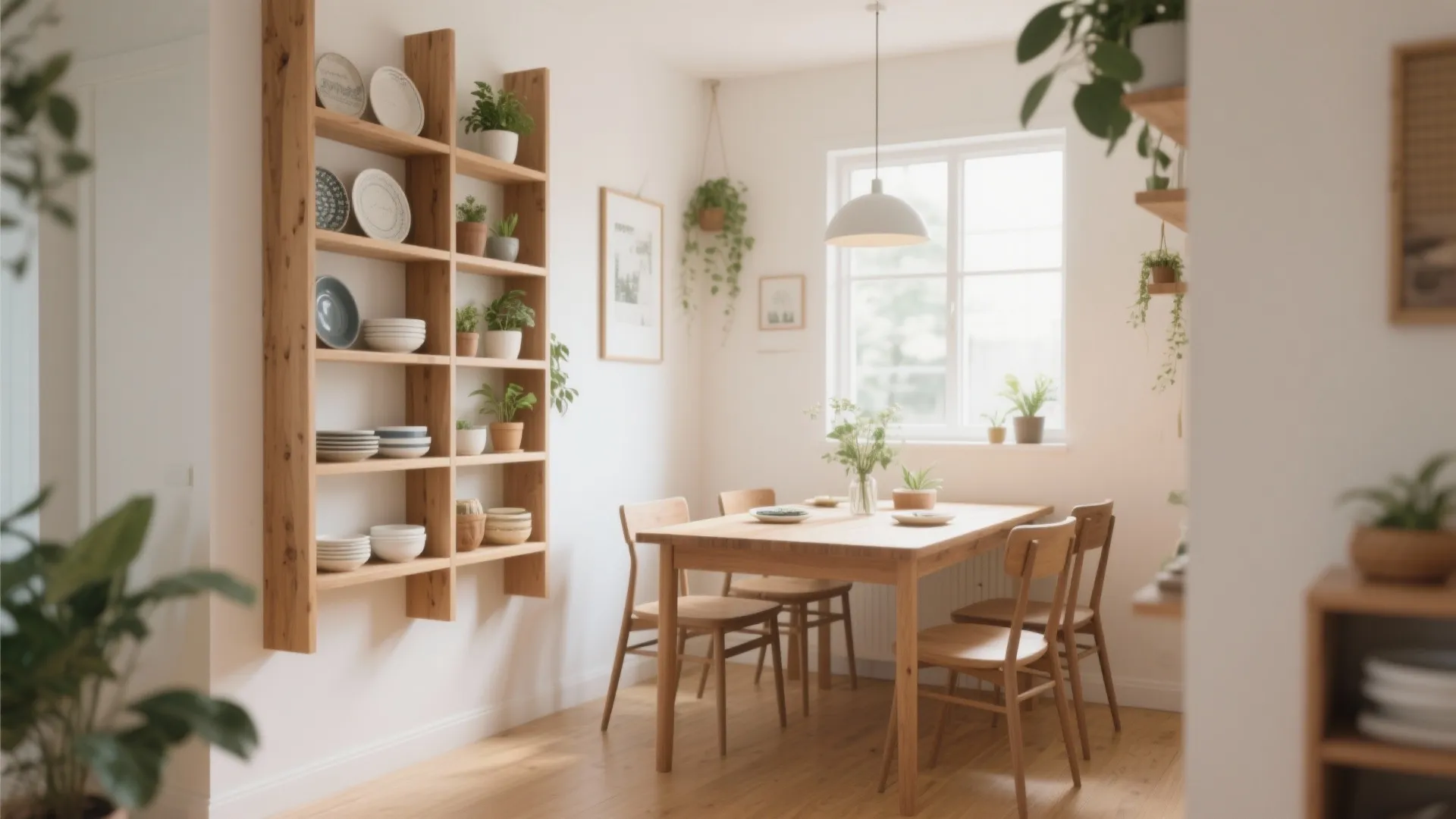 Open vertical shelving in a small dining area with airy feel