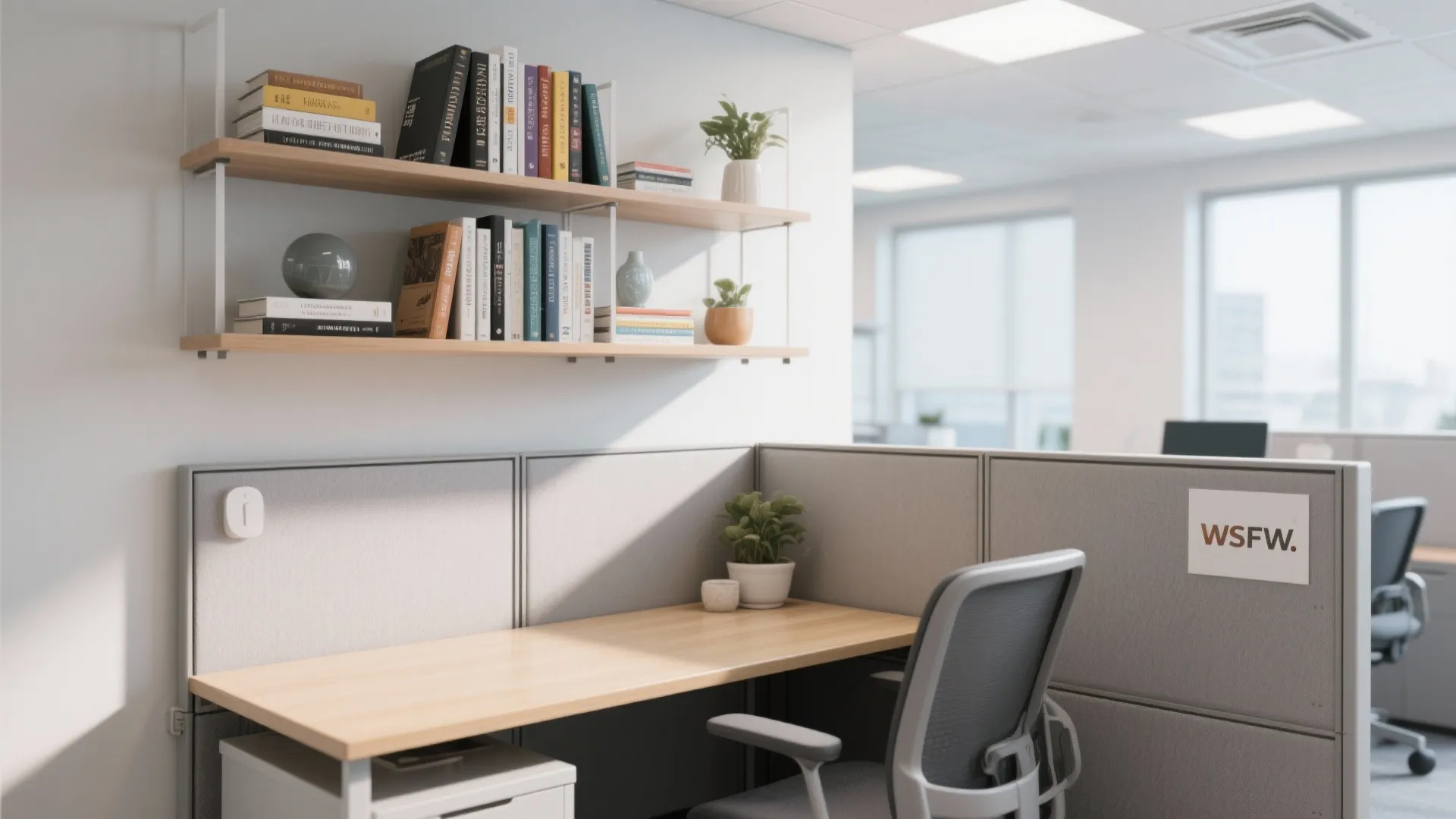 Modern office workstation with wooden desk grey chair wall shelves for books and potted plants