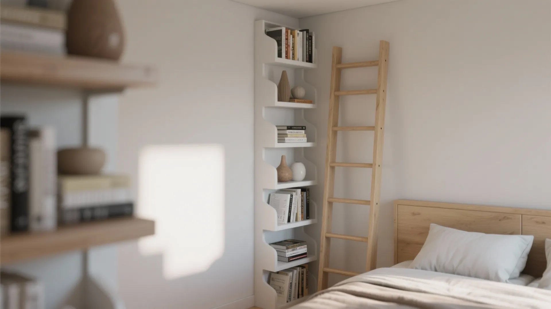 White vertical wall shelf holding books and vases next to a wooden ladder and bed