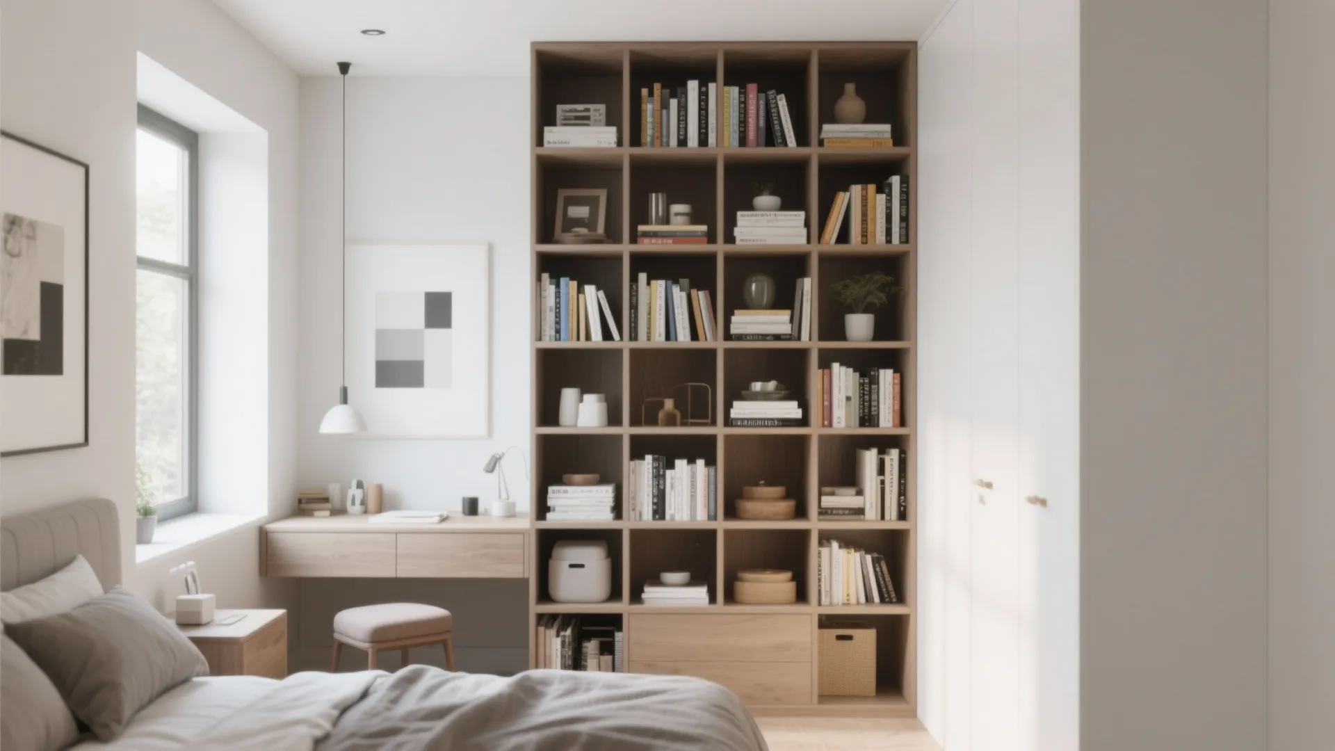 Tall shelving in compact bedroom with modern decor