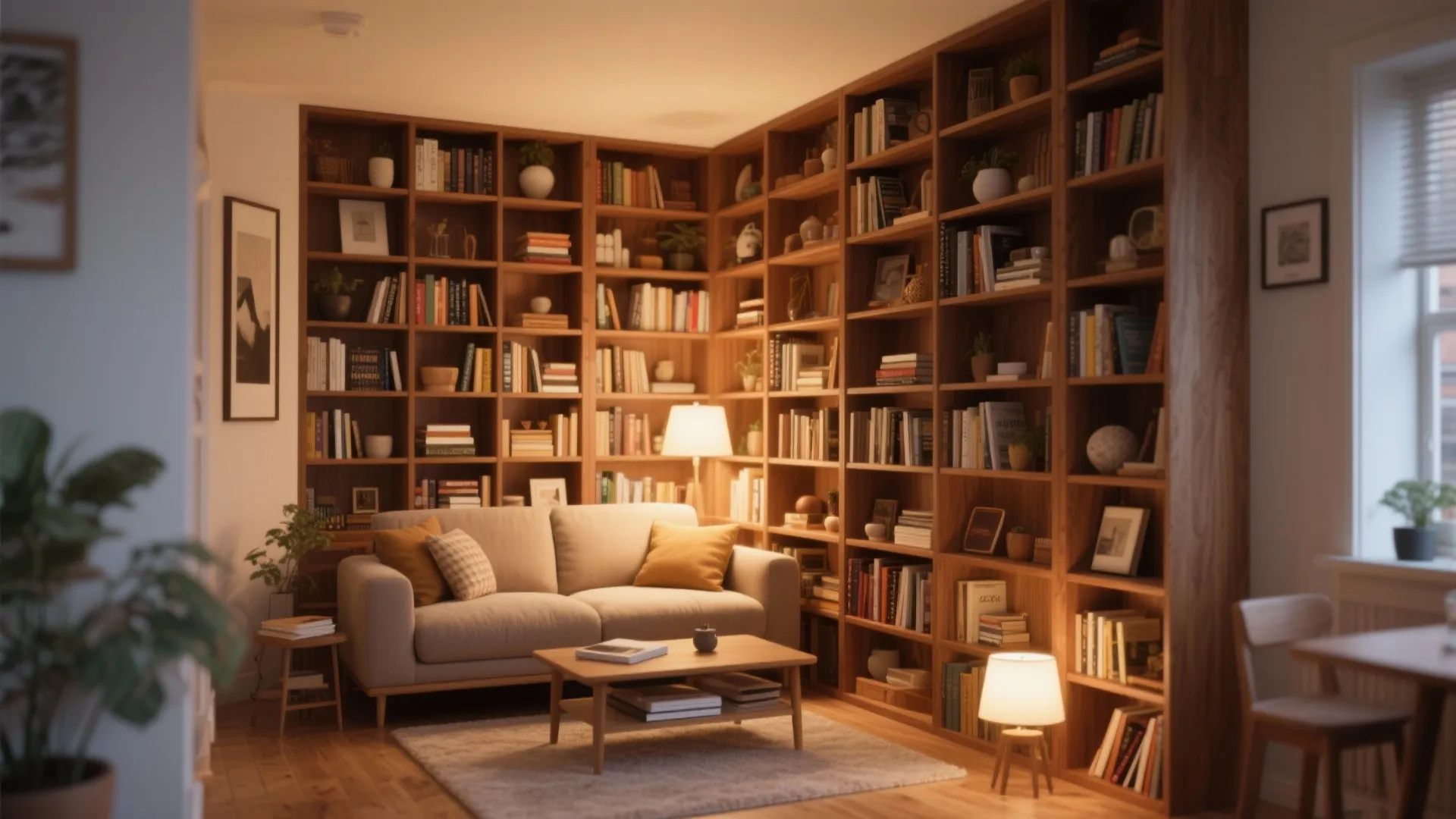 Cozy living room with large wooden bookshelves a grey sofa coffee table and warm lighting