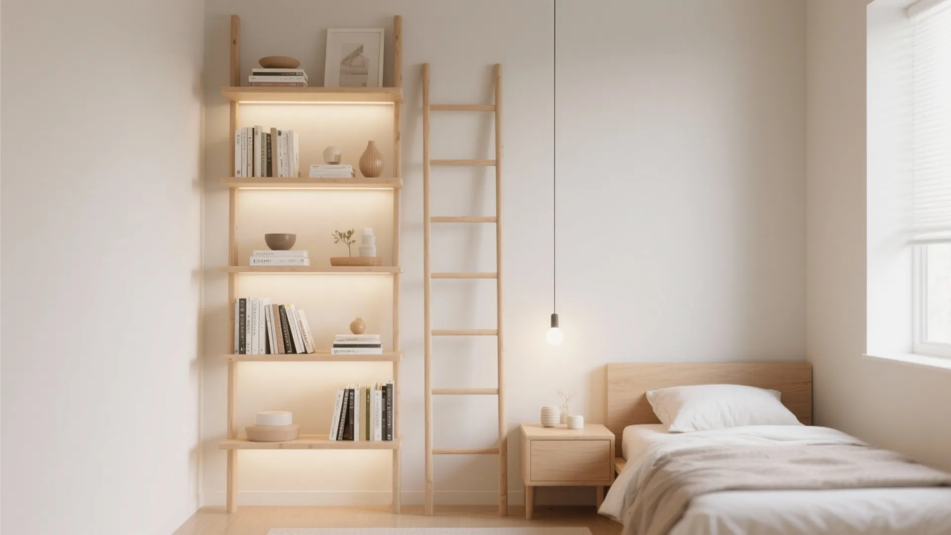 Bright bedroom with wooden bookshelves a ladder a small cabinet and a bed with sunlight