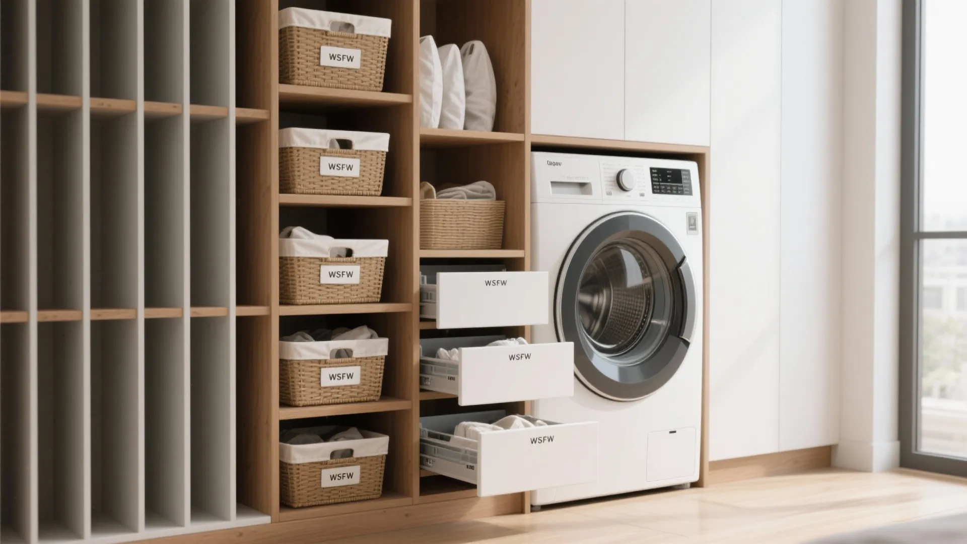 Vertical Shelving and Pull-out Hampers