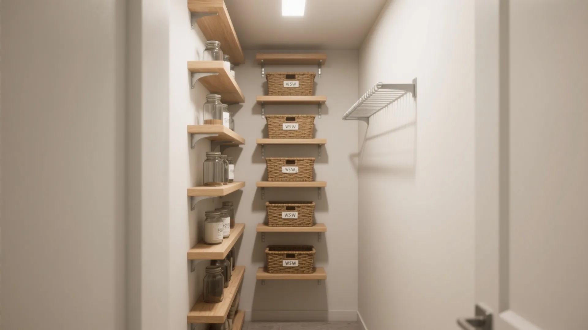 Small storage room with vertical wall shelves holding glass jars and woven baskets for organization
