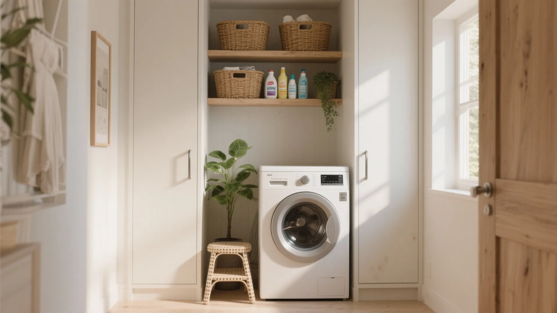 Tall slender cabinets and open shelves above a washer with baskets for tidy vertical storage.
