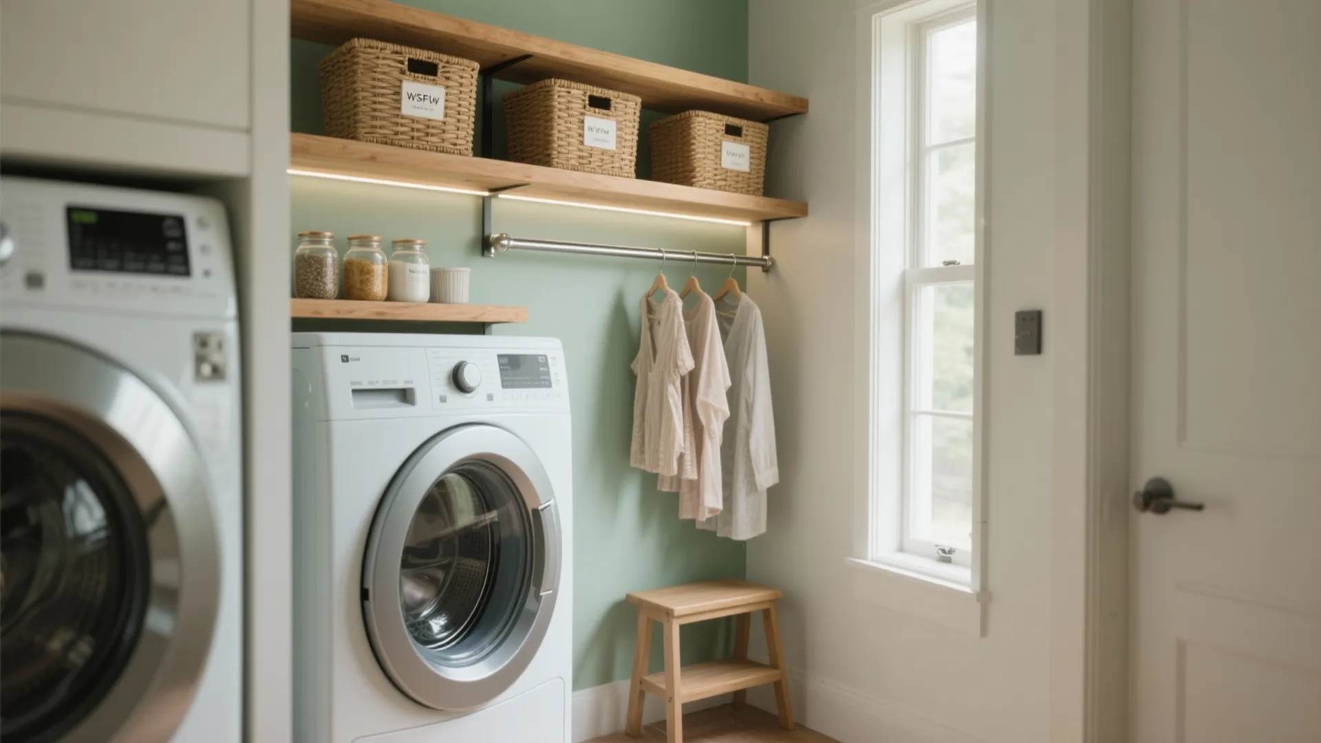 1. Go vertical with open shelves and hanging rails