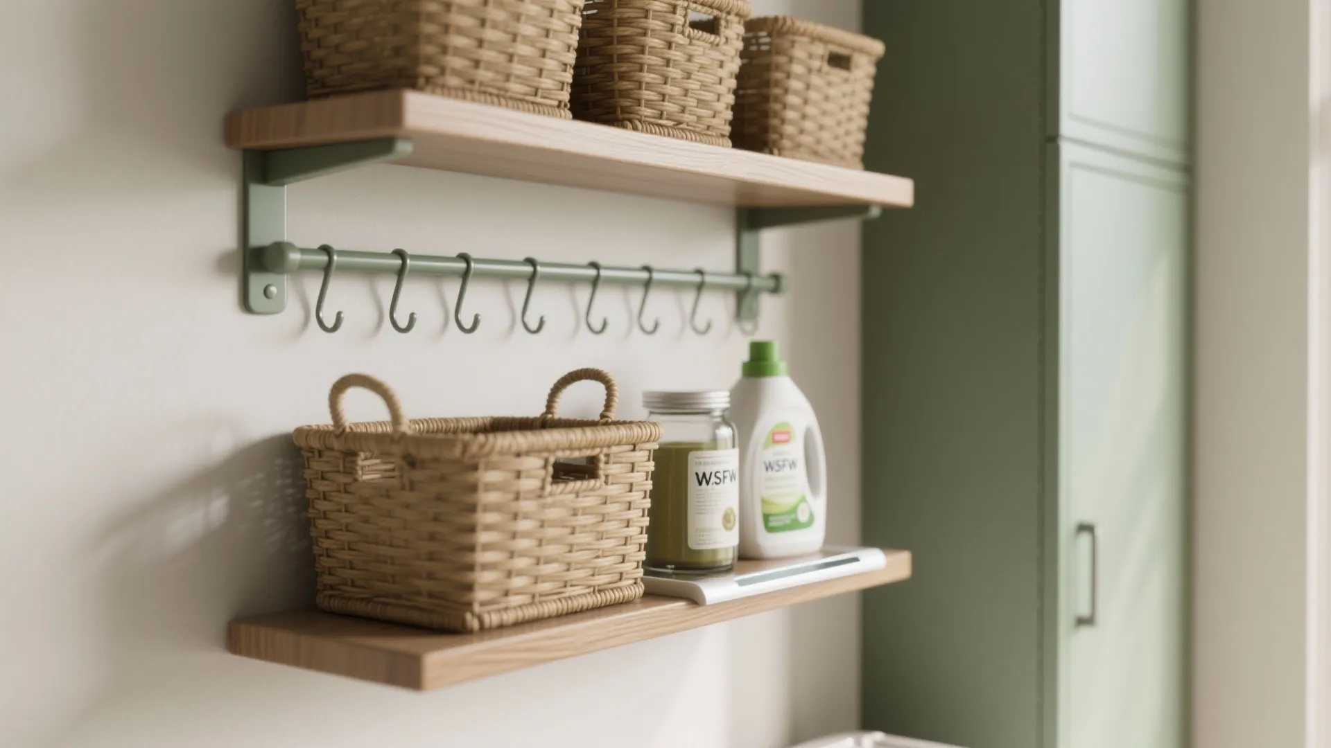 Two wooden wall shelves holding woven baskets and laundry cleaning supplies next to green storage cabinet
