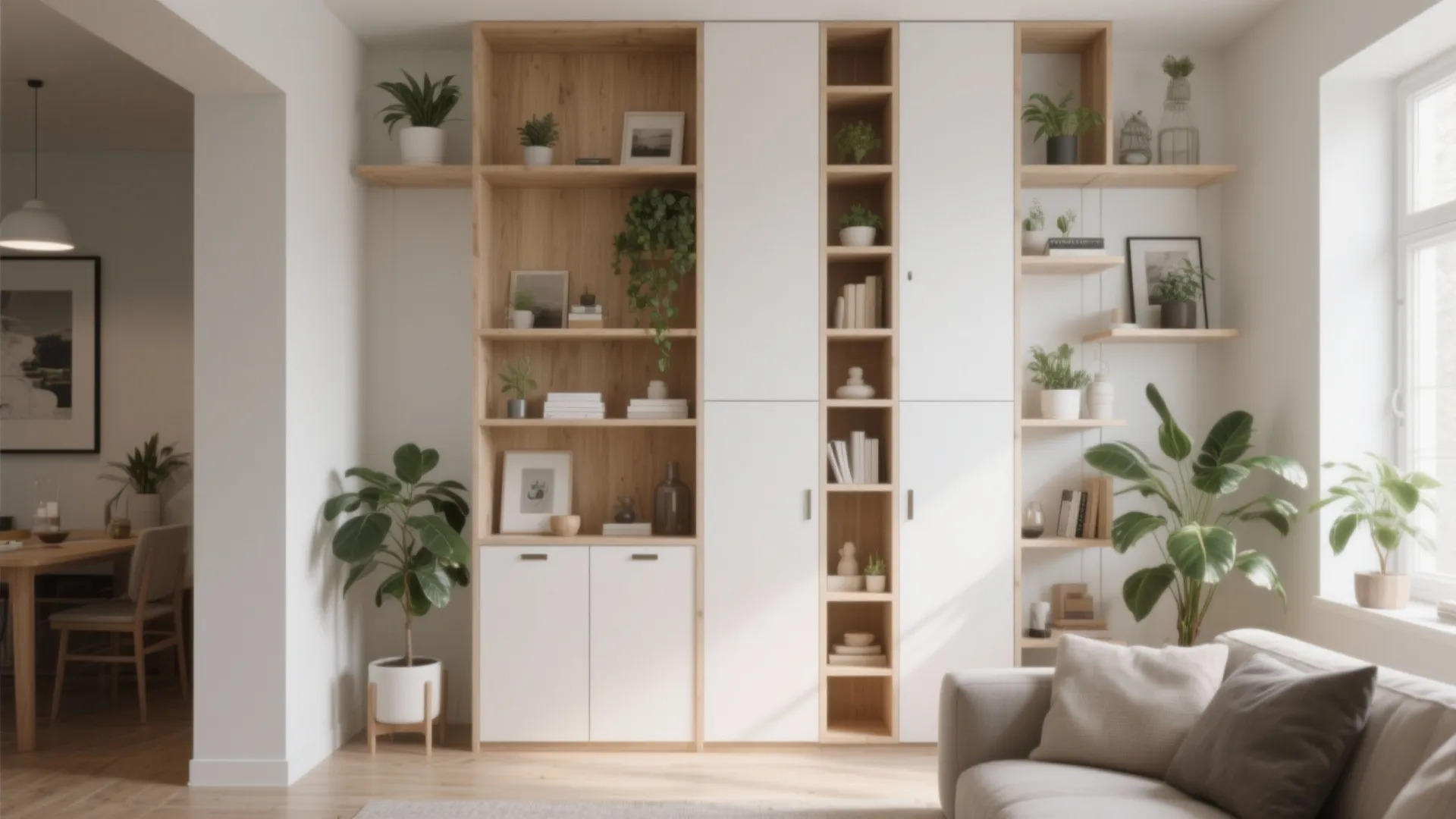 Vertical shelving and floating cabinets