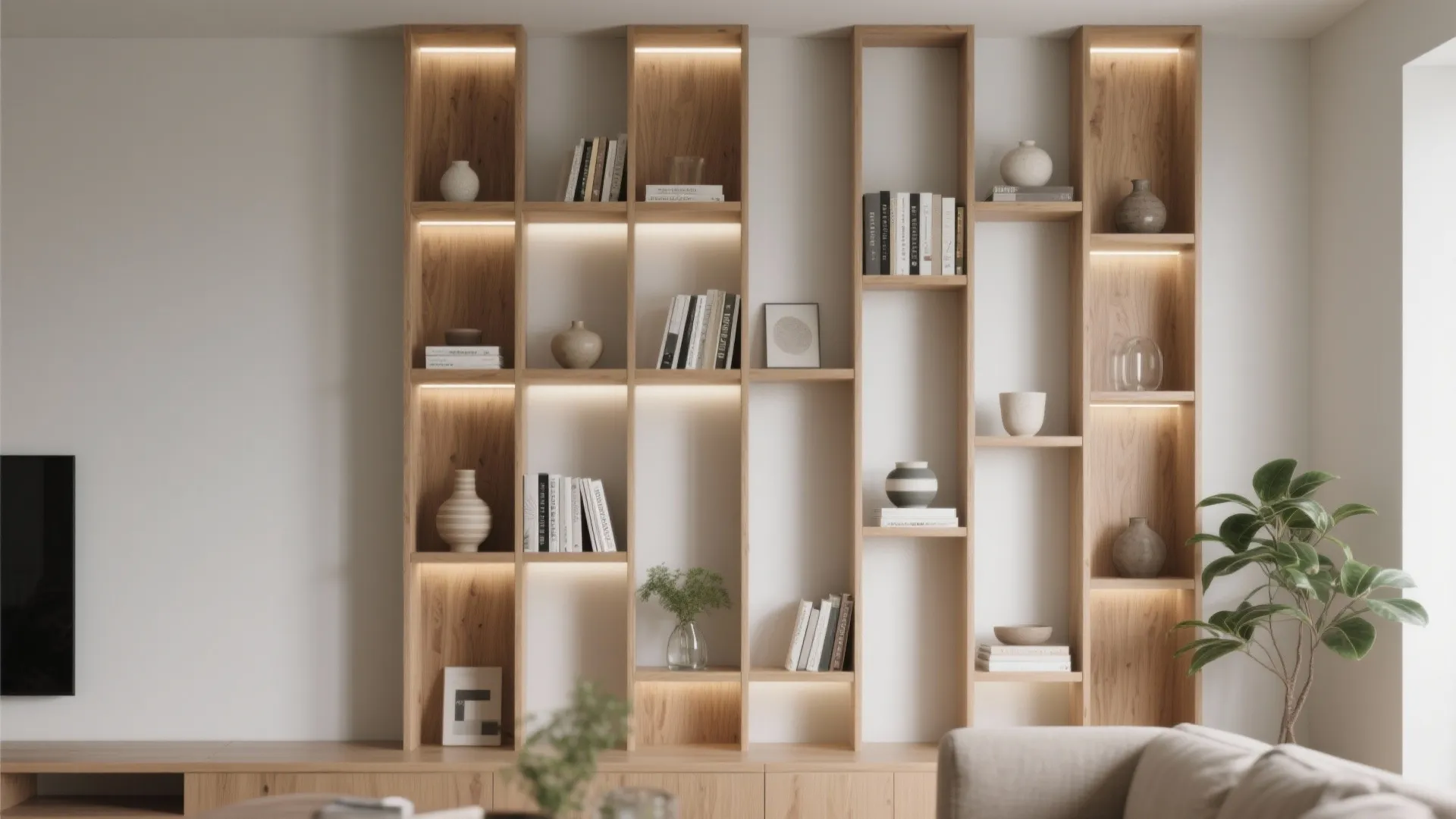 Large wooden cabinet with built in light fixture strips showing books and vases in living