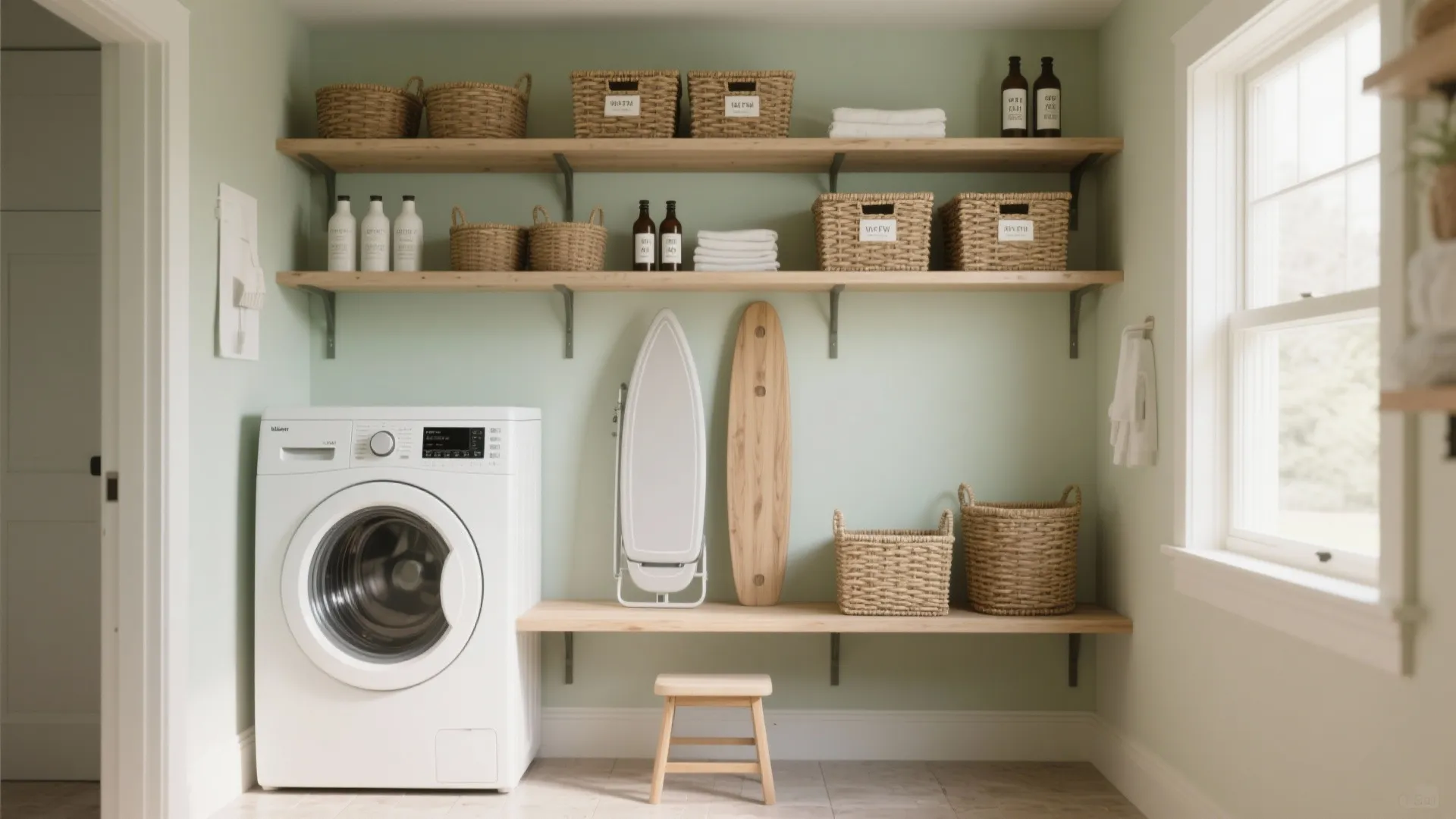Organized laundry room with wooden wall shelves wicker baskets white washing machine and green wall paint
