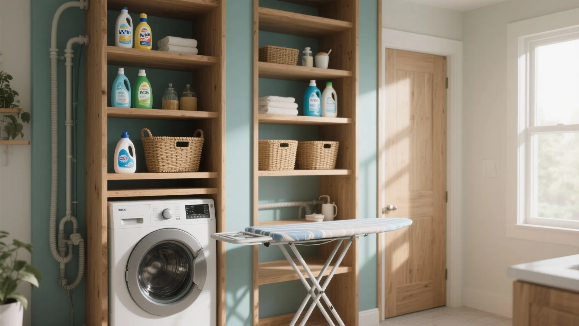 Tall open shelving and slim framed stacks beside a washer with baskets and detergents