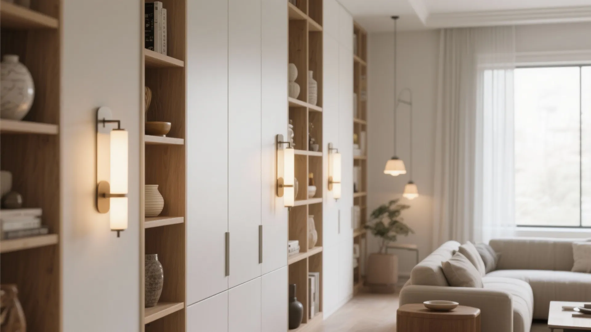 Modern living room with floor to ceiling white cabinets wood bookshelves wall lights and sofa