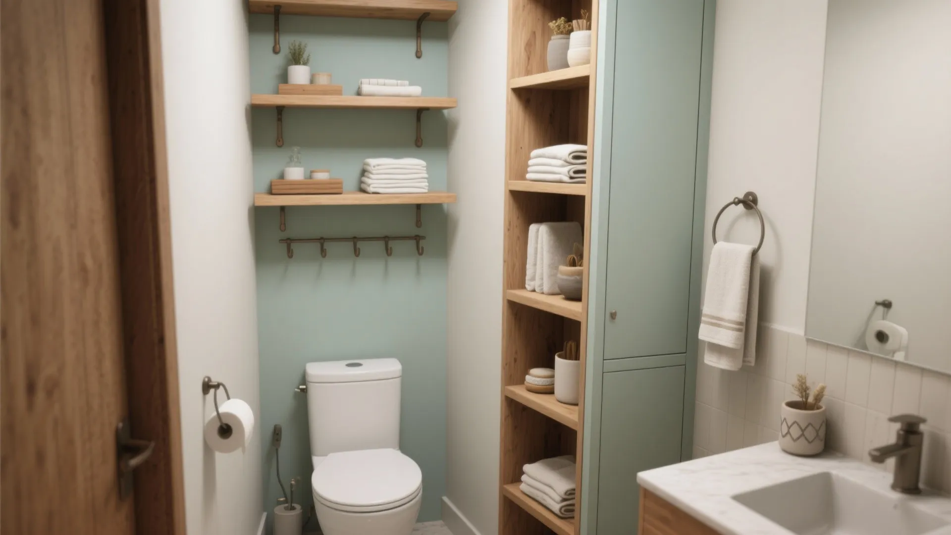 1. Go Vertical with Open Shelving and a Tall Linen Cabinet