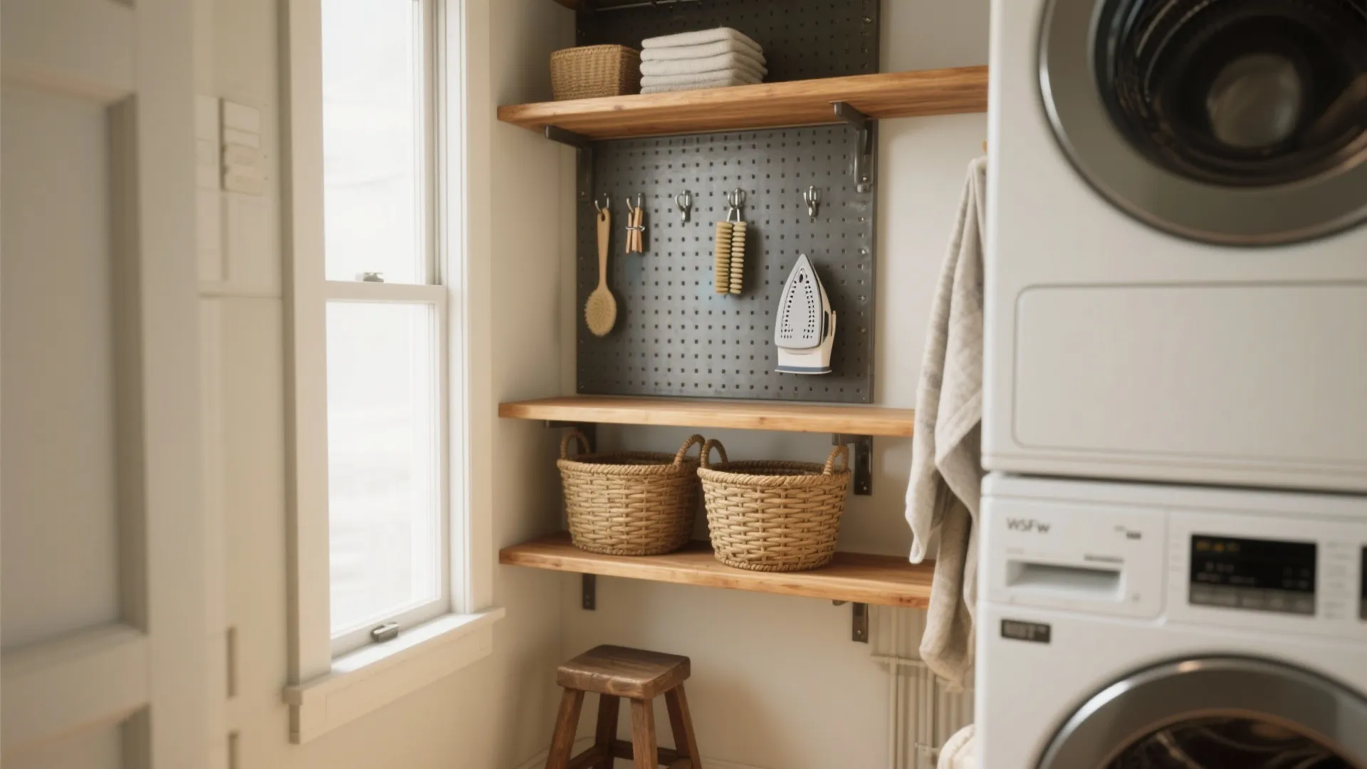 1. Go vertical: shelves, pegboards, and hanging racks