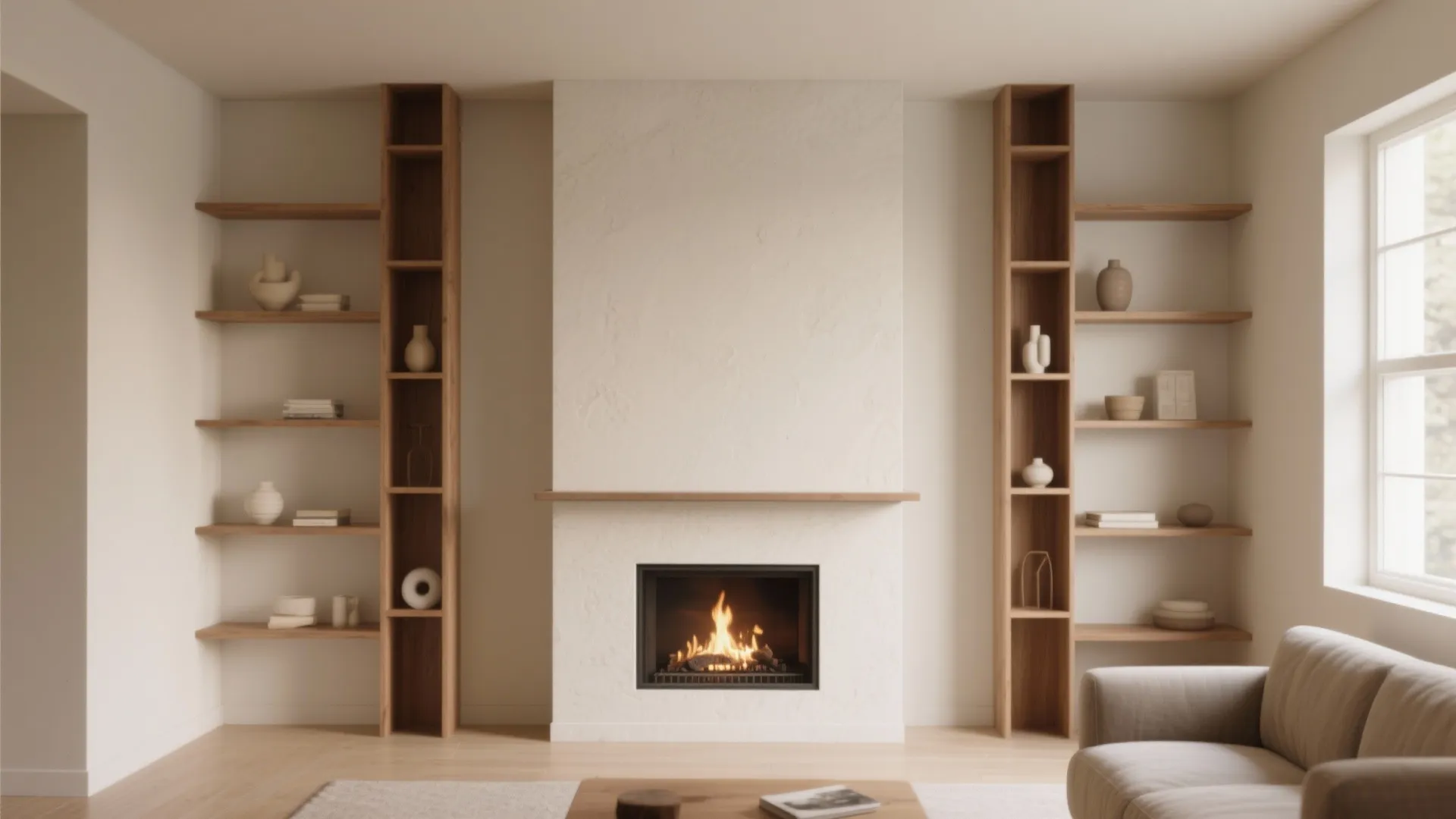 Minimalist living room with symmetric wooden shelves a central fireplace white sofa and light flooring