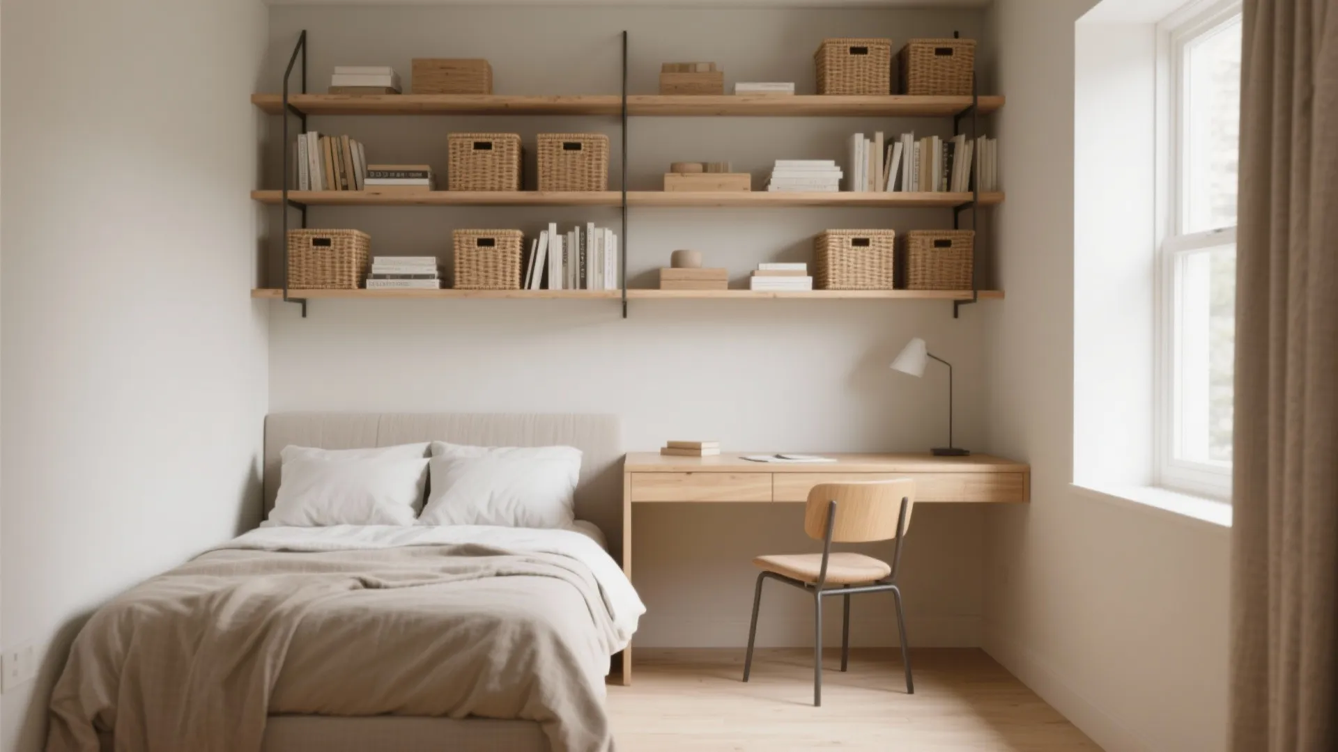 Small bedroom featuring a single bed and wooden desk with long shelves for organized storage