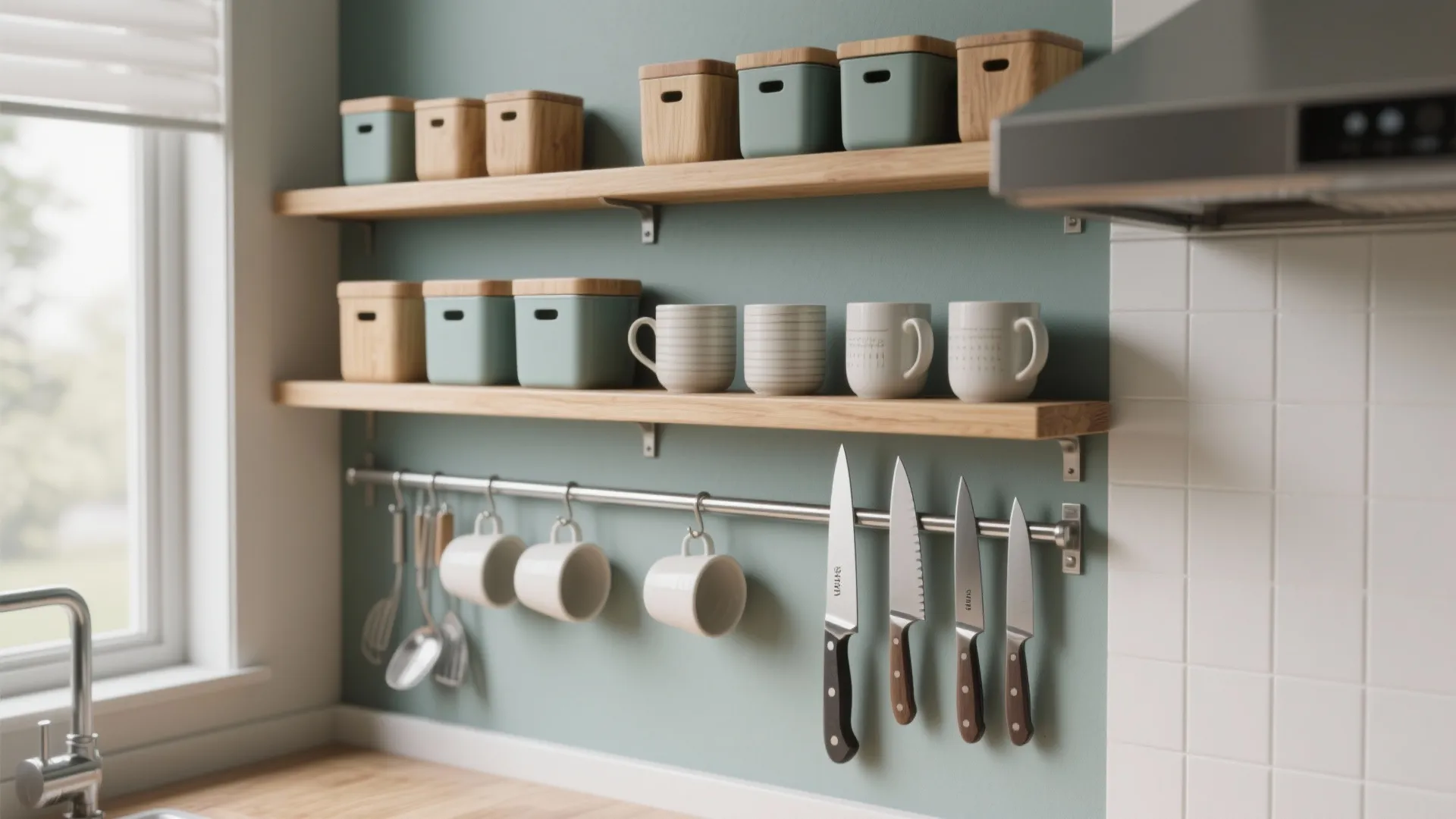 Wooden wall shelves with storage jars mugs and a metal rail holding knives and cups
