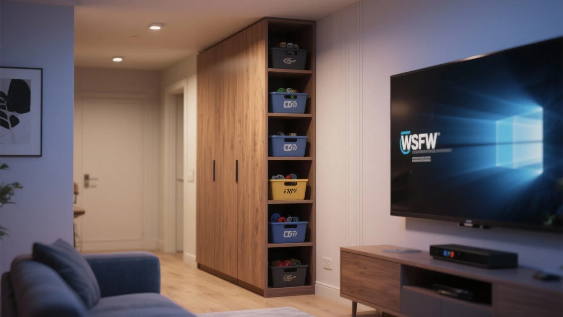 Modern living room featuring a tall wooden cabinet with vertical storage bins next to television
