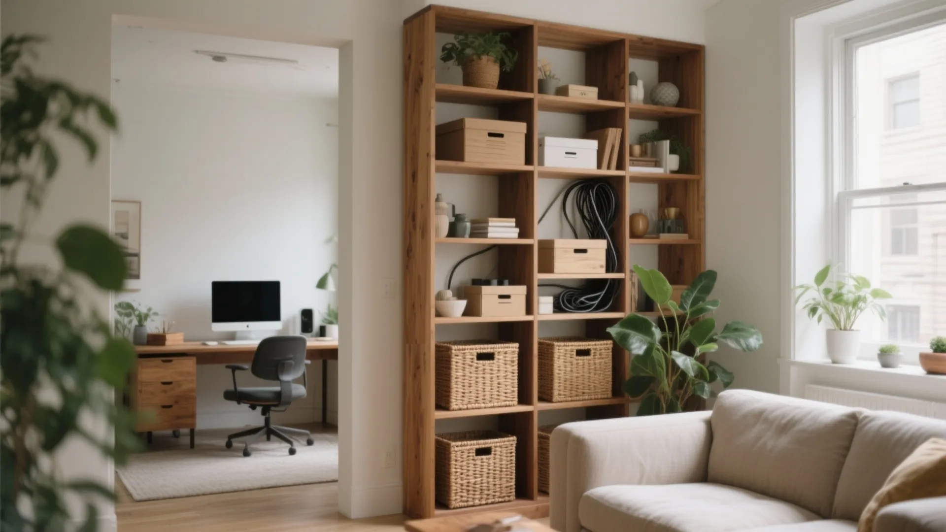 Wooden open bookshelf used as room divider between living area and home office with computer desk