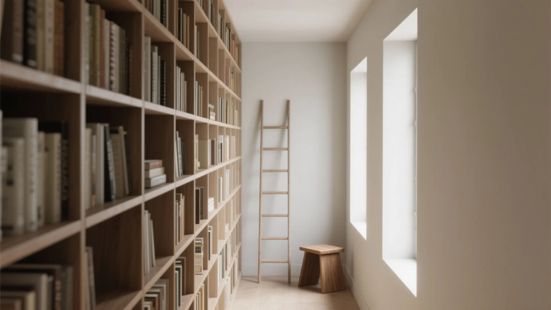 Floor to ceiling wooden bookshelves filled with books next to a small stool and ladder