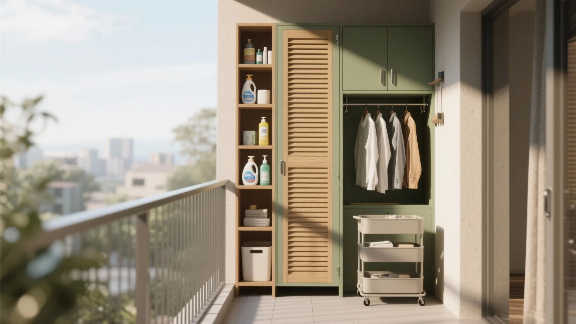 Green balcony laundry cabinet with wood shelves for storage and hanging shirts beside a cart