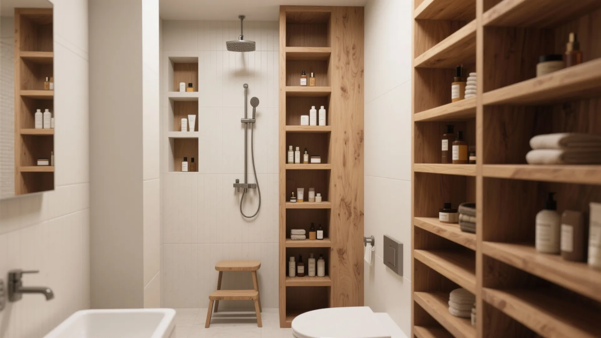 3. Go vertical: open shelves + recessed niches