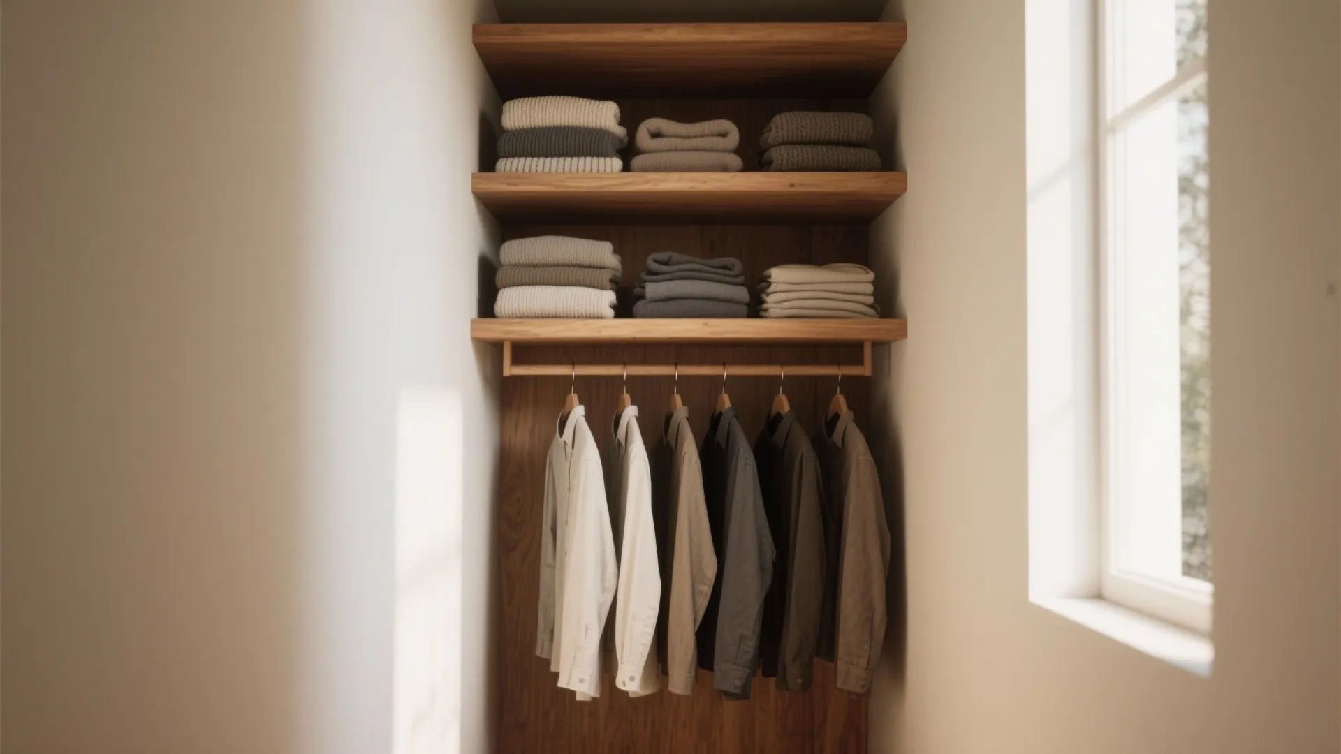 Wooden closet with shelves holding folded clothes and hanging rod for shirts by a window