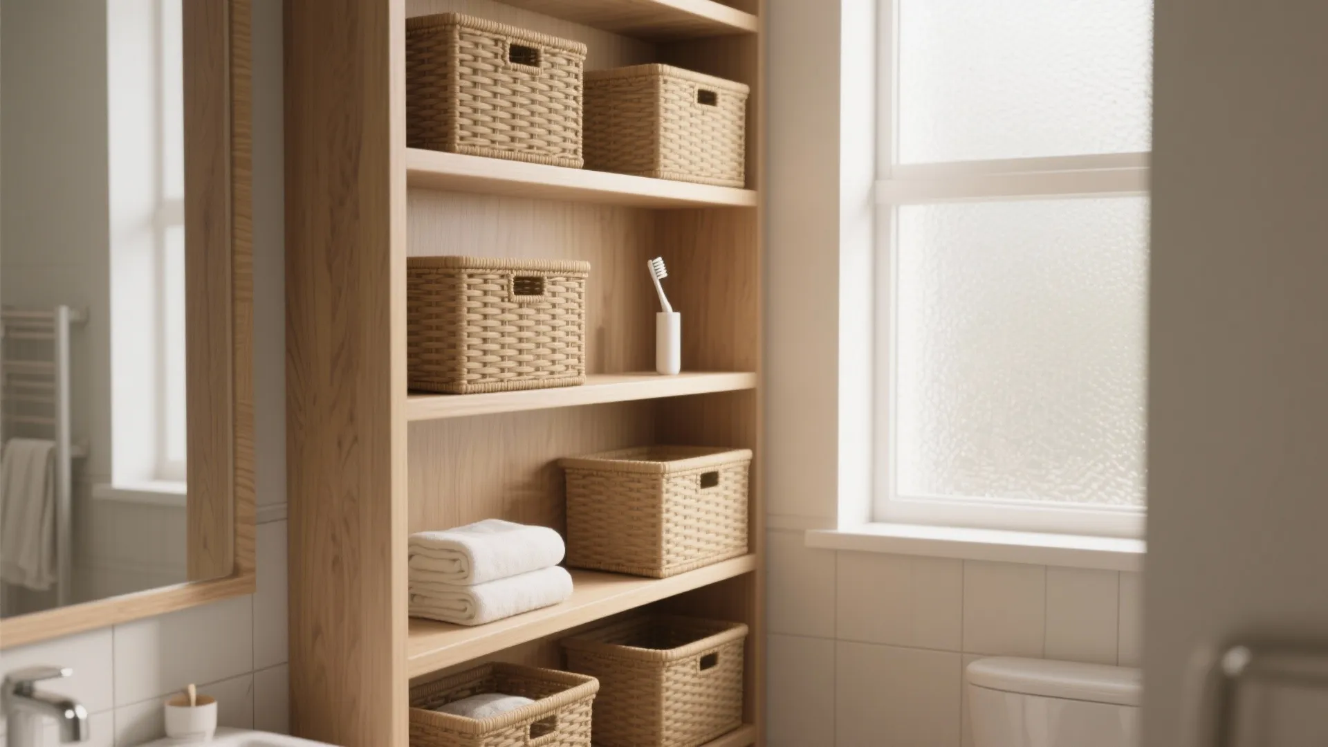 Wooden bathroom shelves with woven baskets folded white towels and a toothbrush near a window