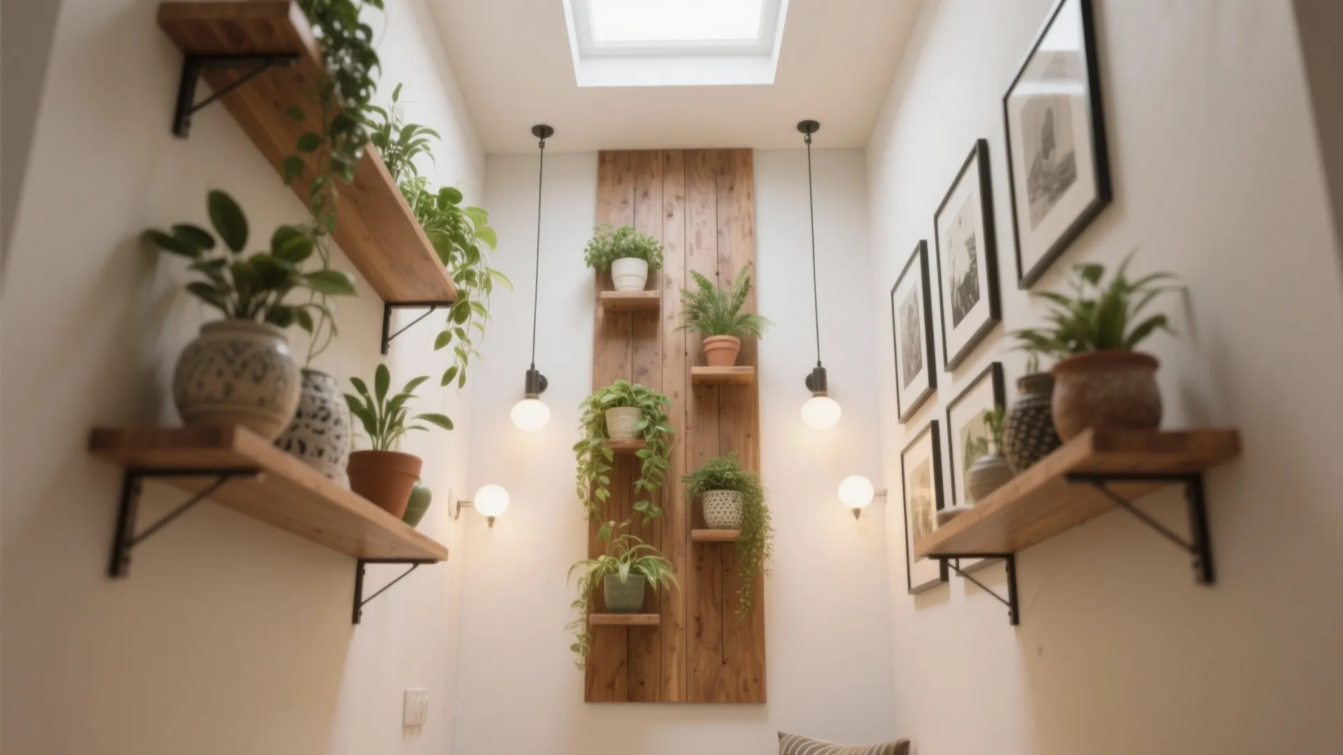 2. Vertical charm: shelving, plants, and lights