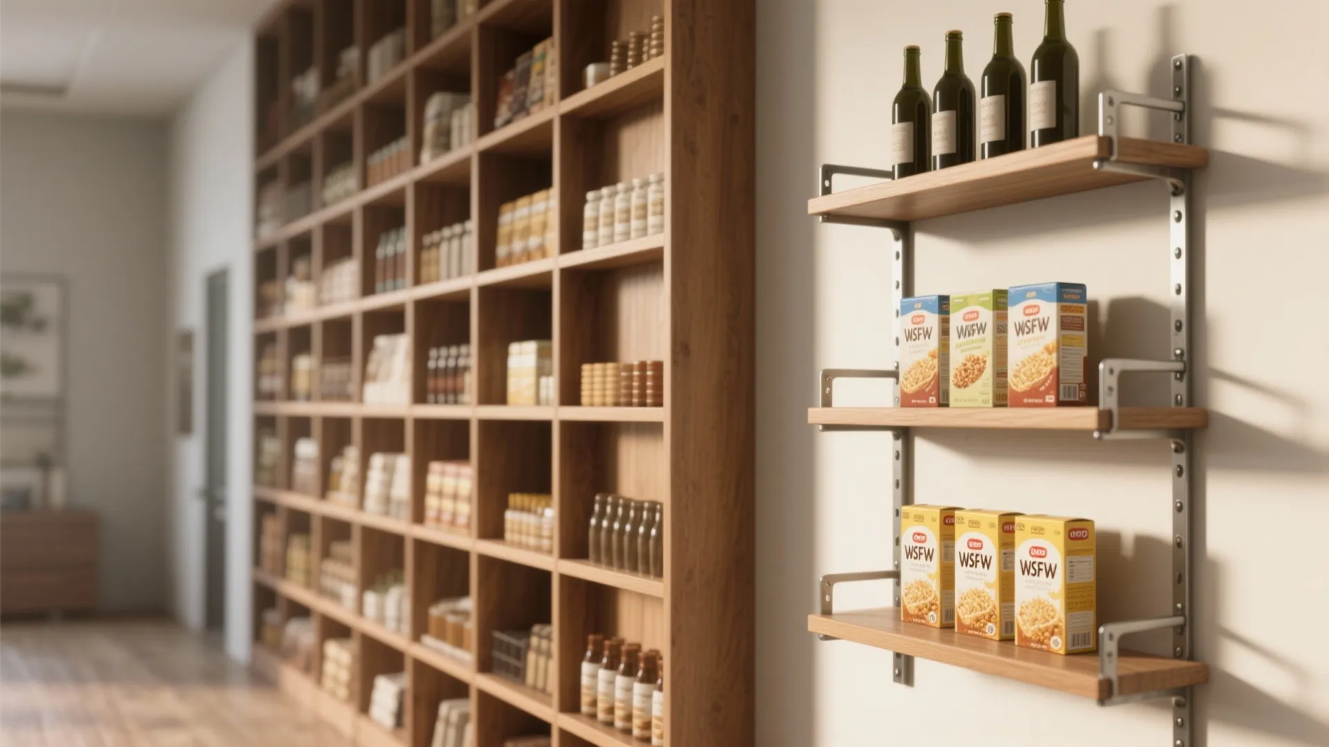 Wooden wall shelves holding wine bottles and food boxes next to a large wooden pantry